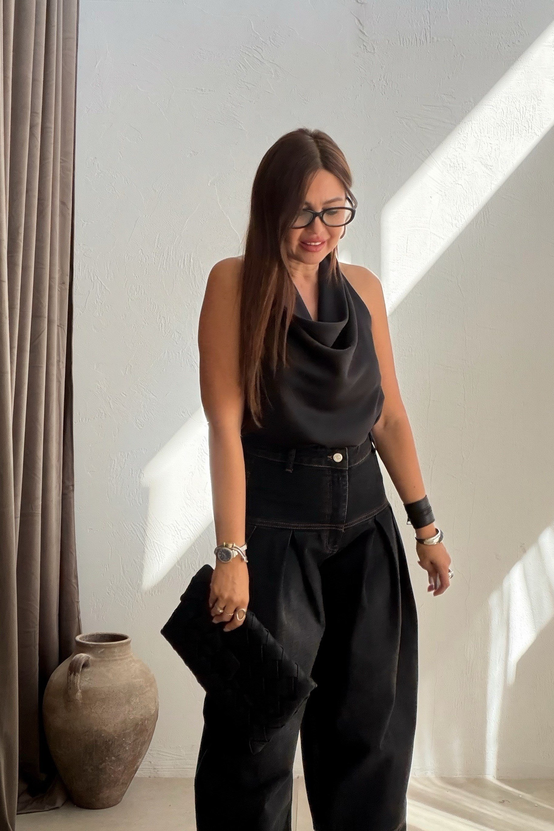 Saten Degaje Yaka Bluz SİYAH