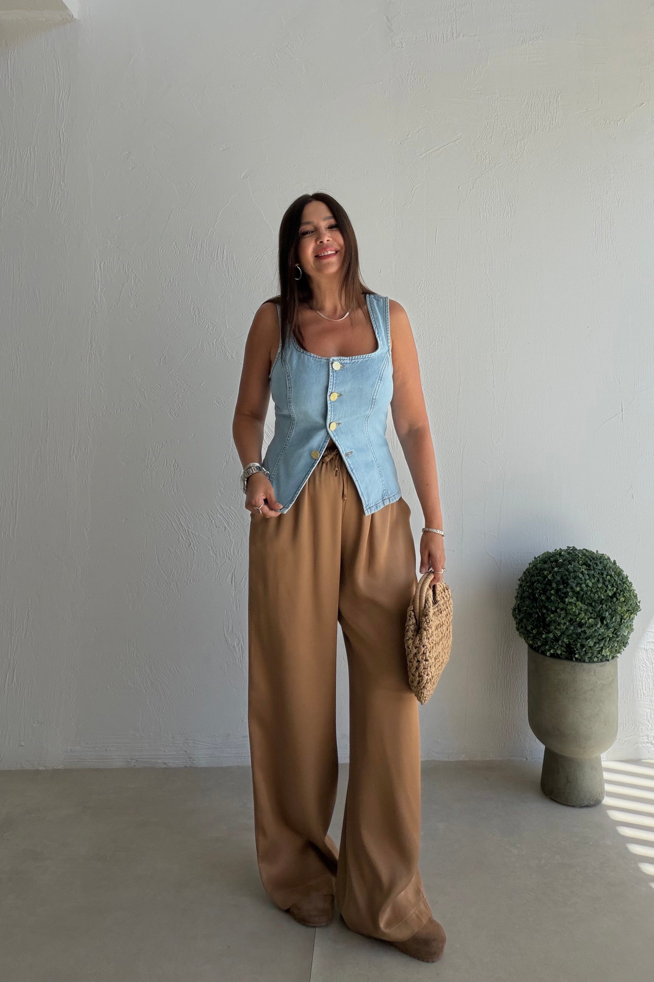 Saten Dökümlü Pantalon CAMEL