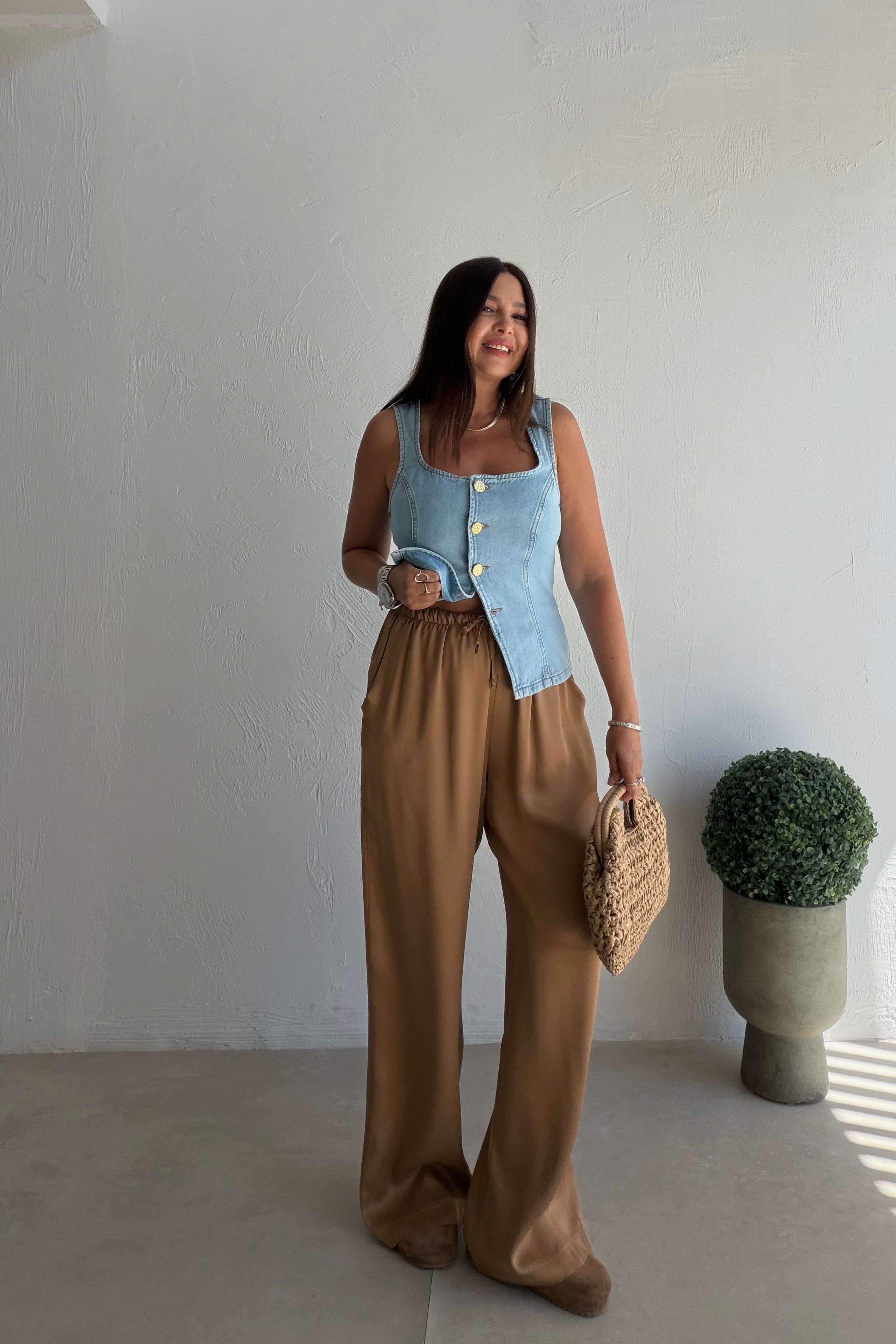 Saten Dökümlü Pantalon CAMEL