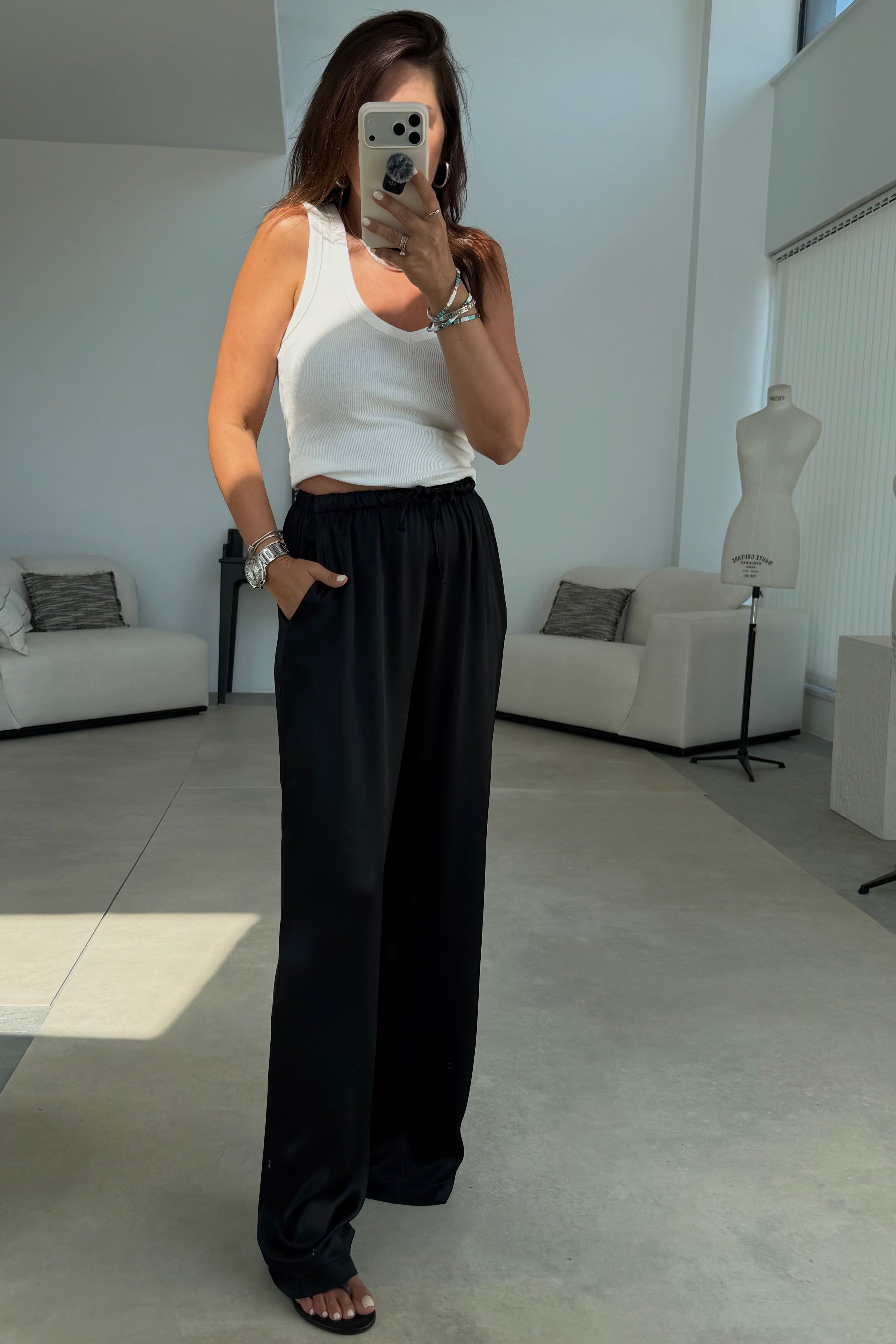 Saten Dökümlü Pantalon SİYAH