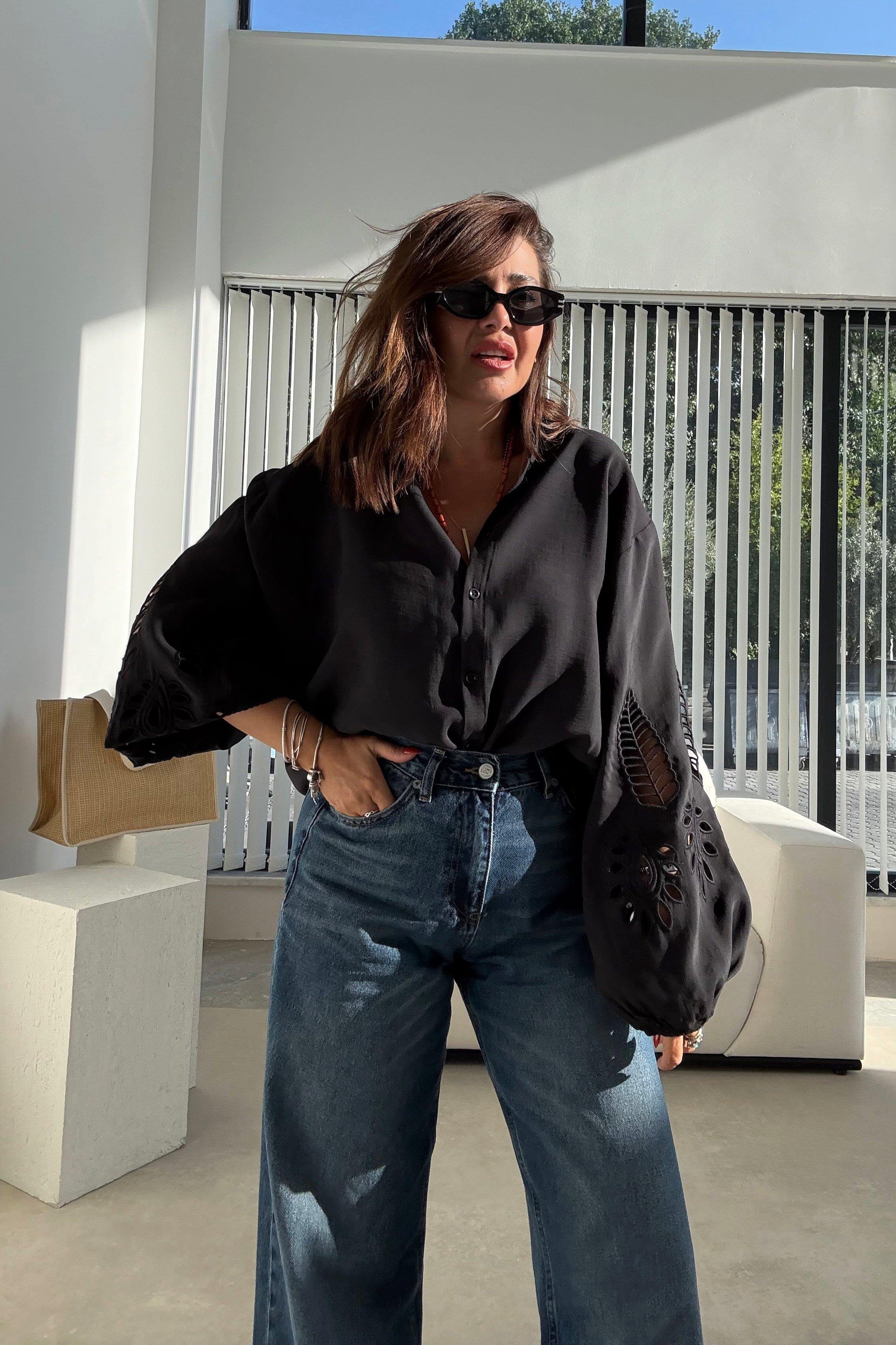 Siyah Oversize Nakışlı Gömlek 