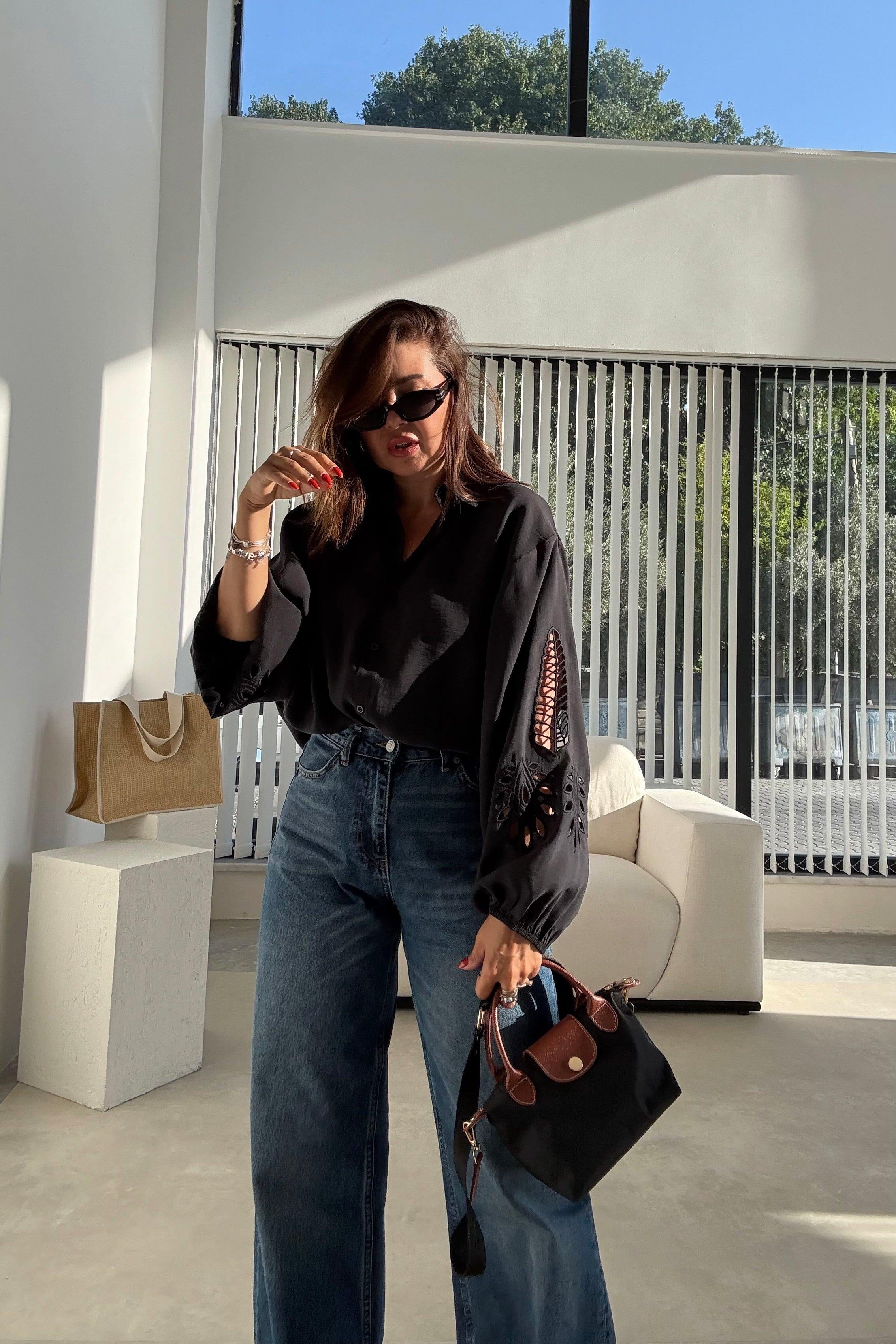 Siyah Oversize Nakışlı Gömlek 