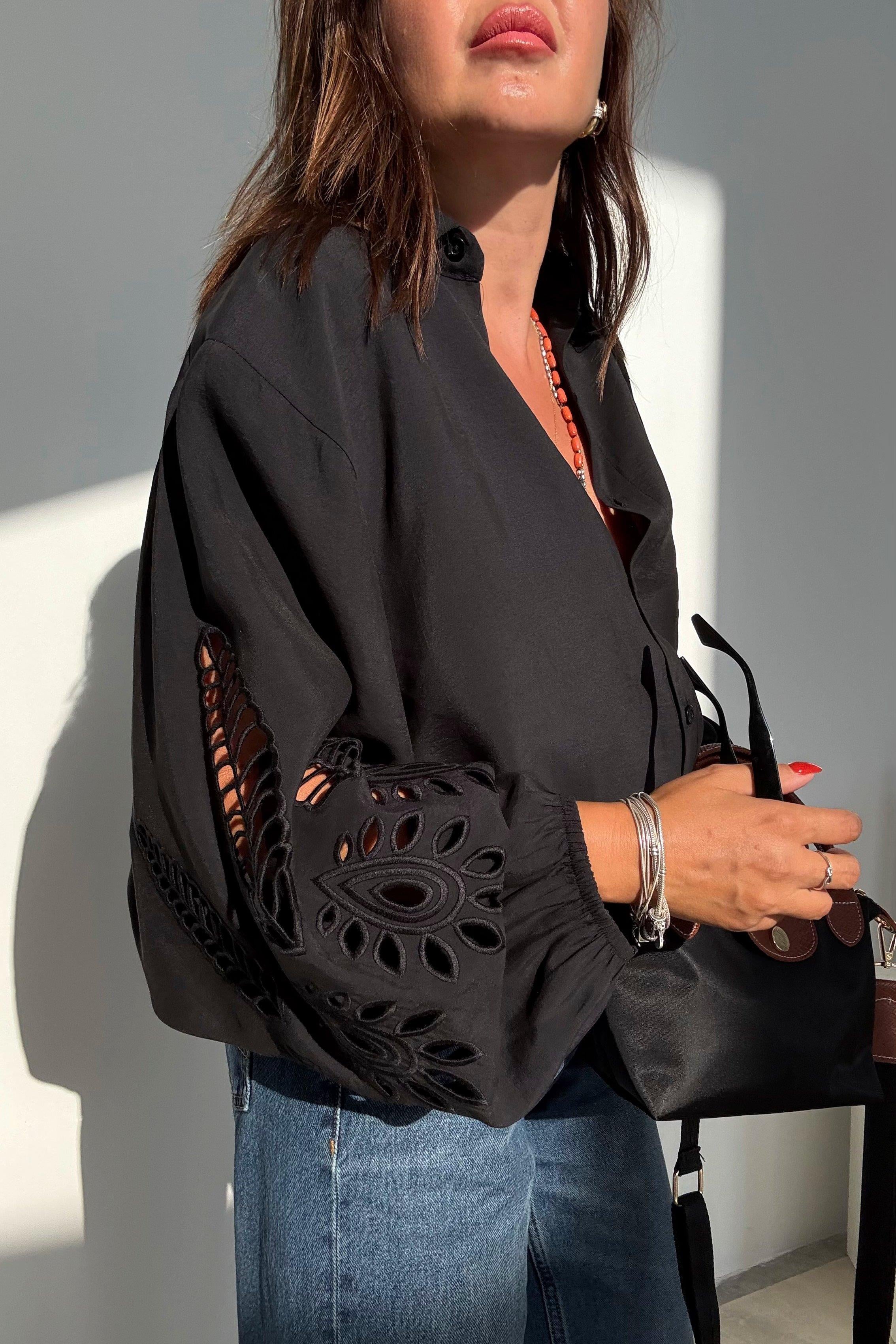 Siyah Oversize Nakışlı Gömlek 