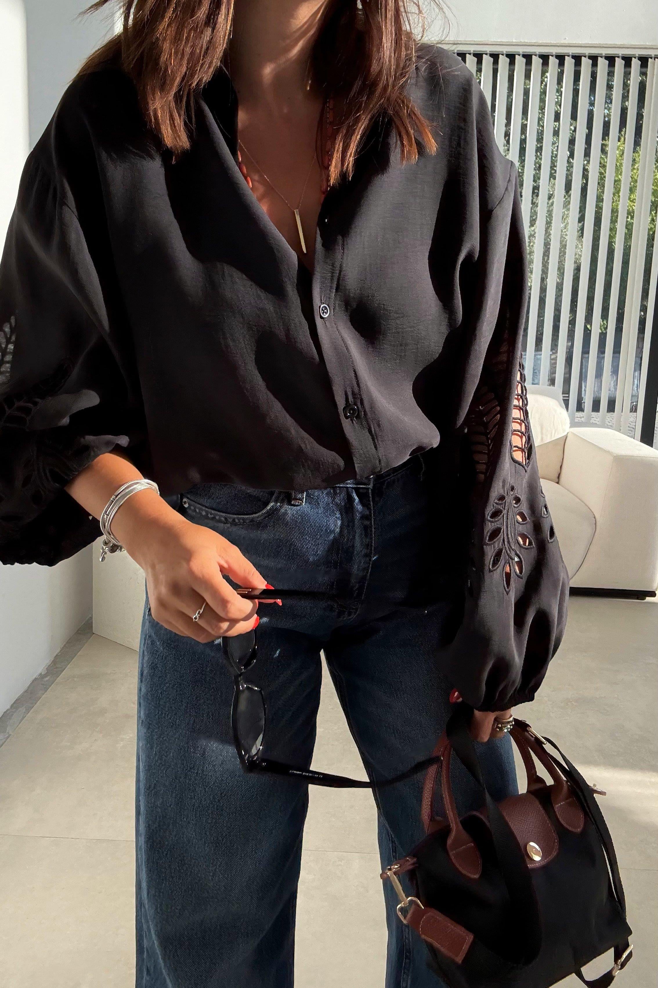 Siyah Oversize Nakışlı Gömlek 