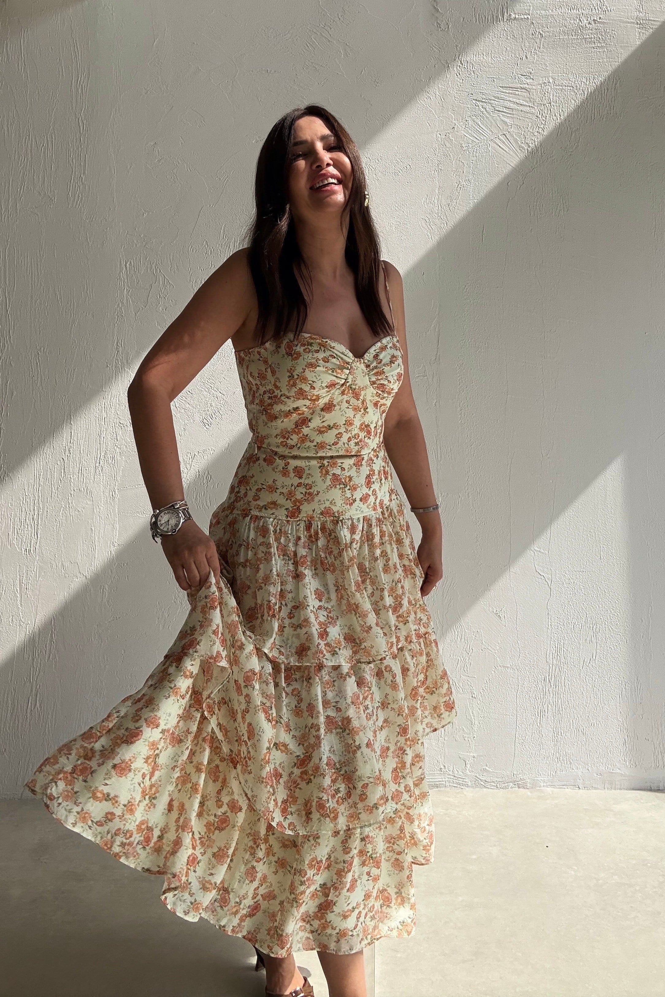 Soft Çiçekli Crop Etek Takım BEJ