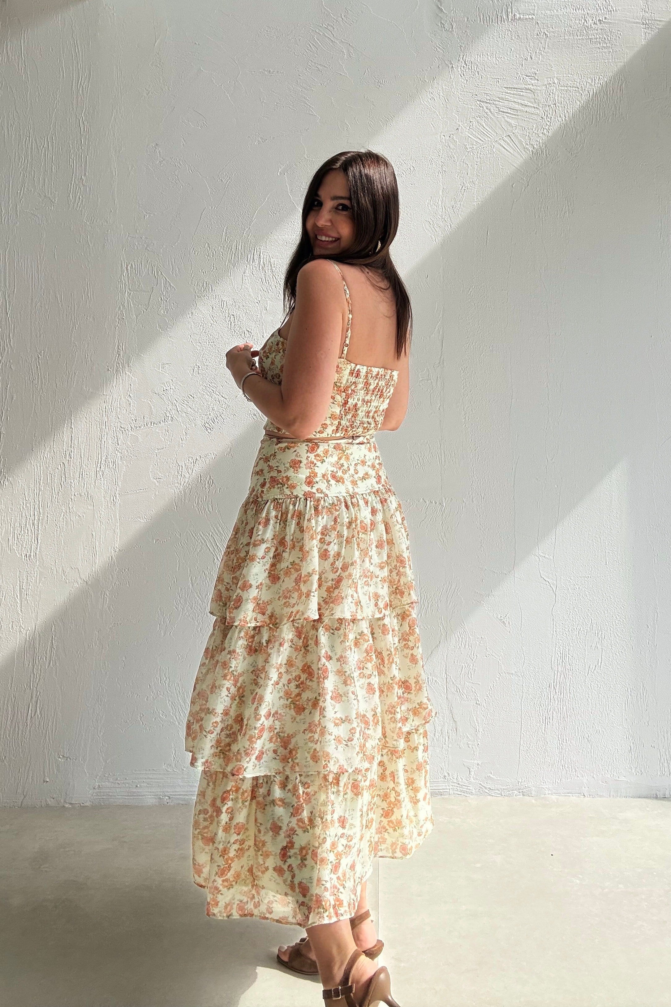Soft Çiçekli Crop Etek Takım BEJ
