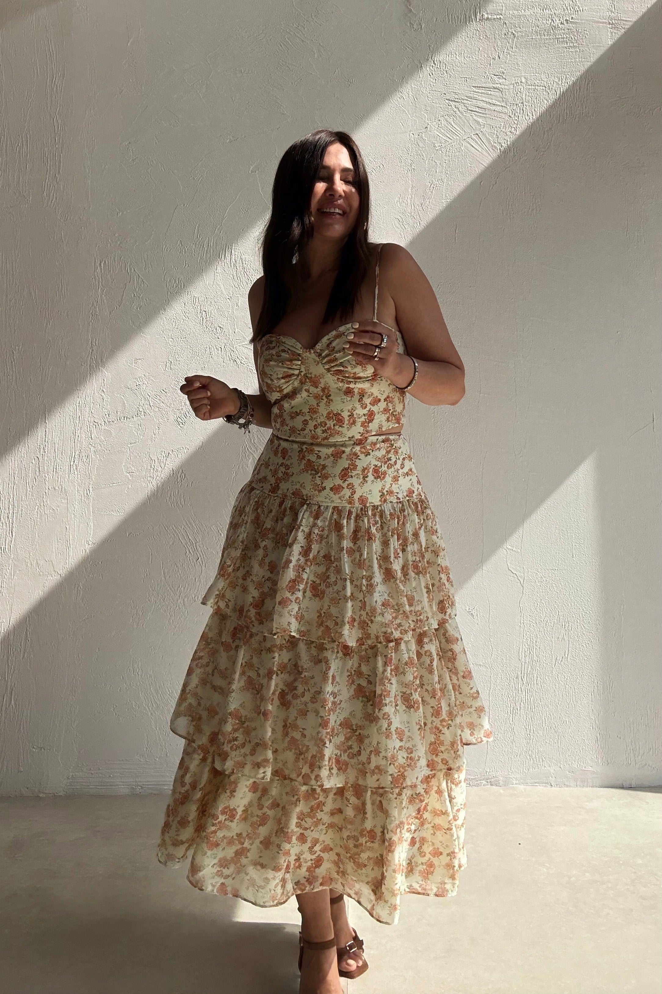 Soft Çiçekli Crop Etek Takım BEJ