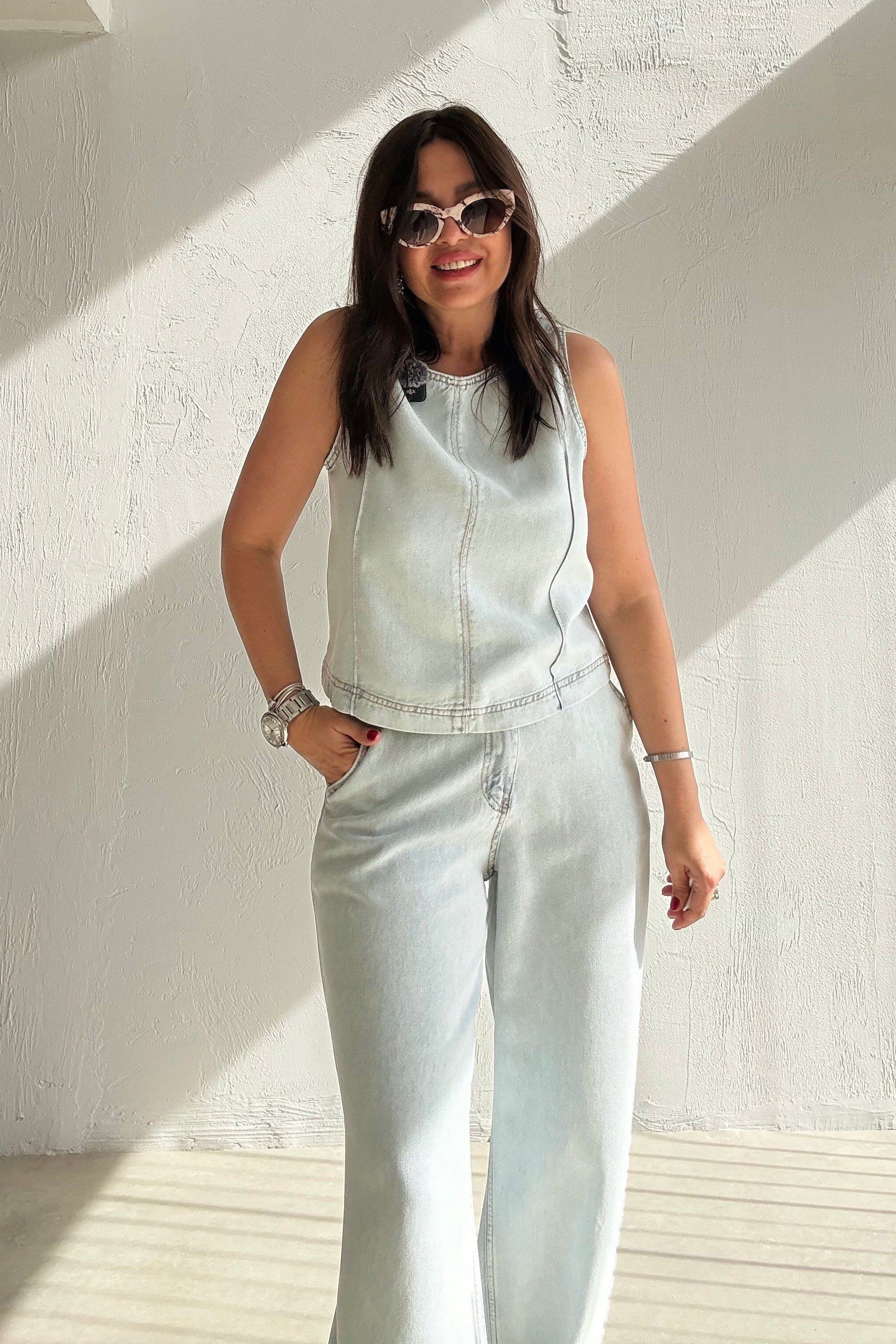 Soft Doku Denim Bluz Pantolon Takım BUZ MAVİSİ