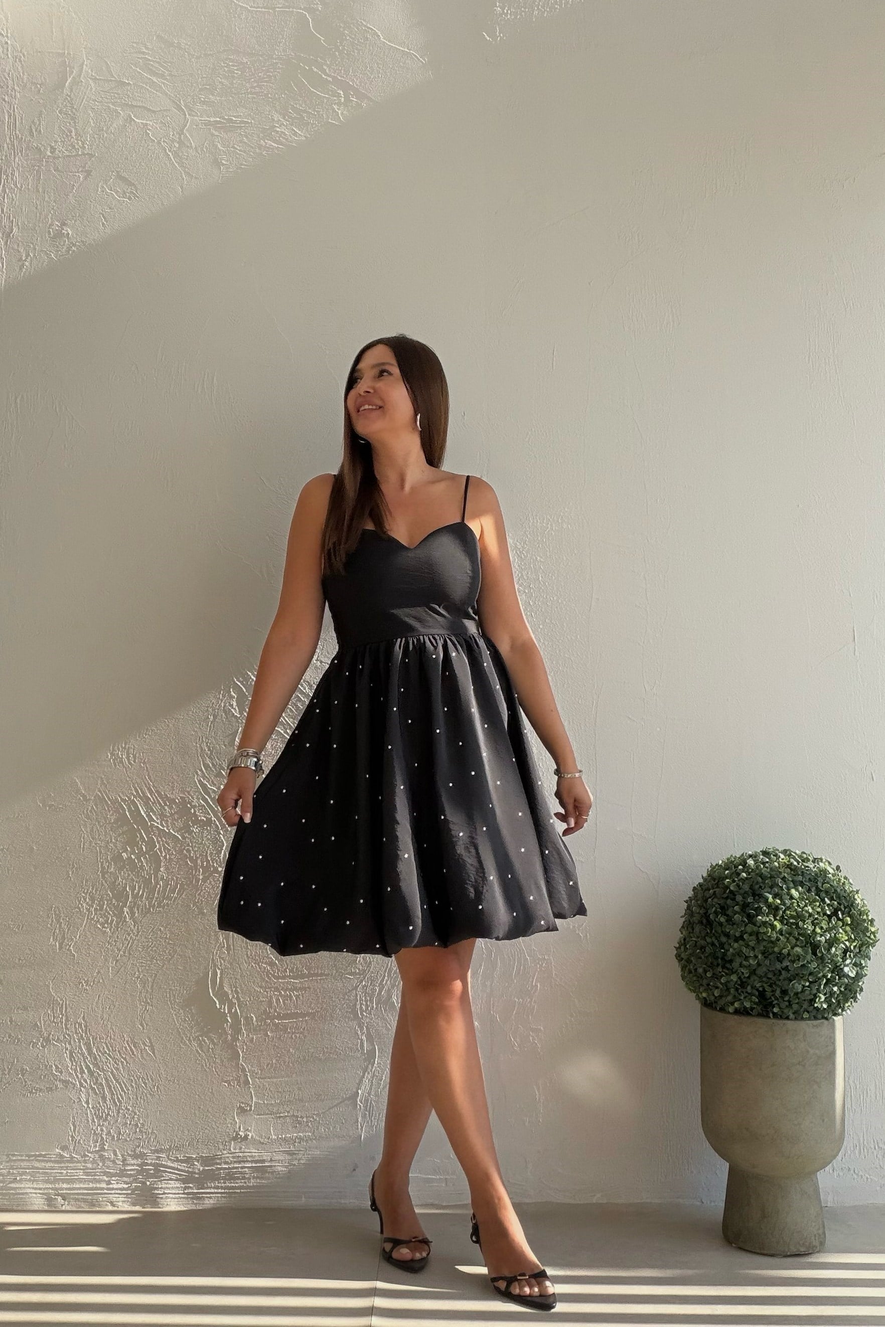 Taşlı Balon Elbise SİYAH