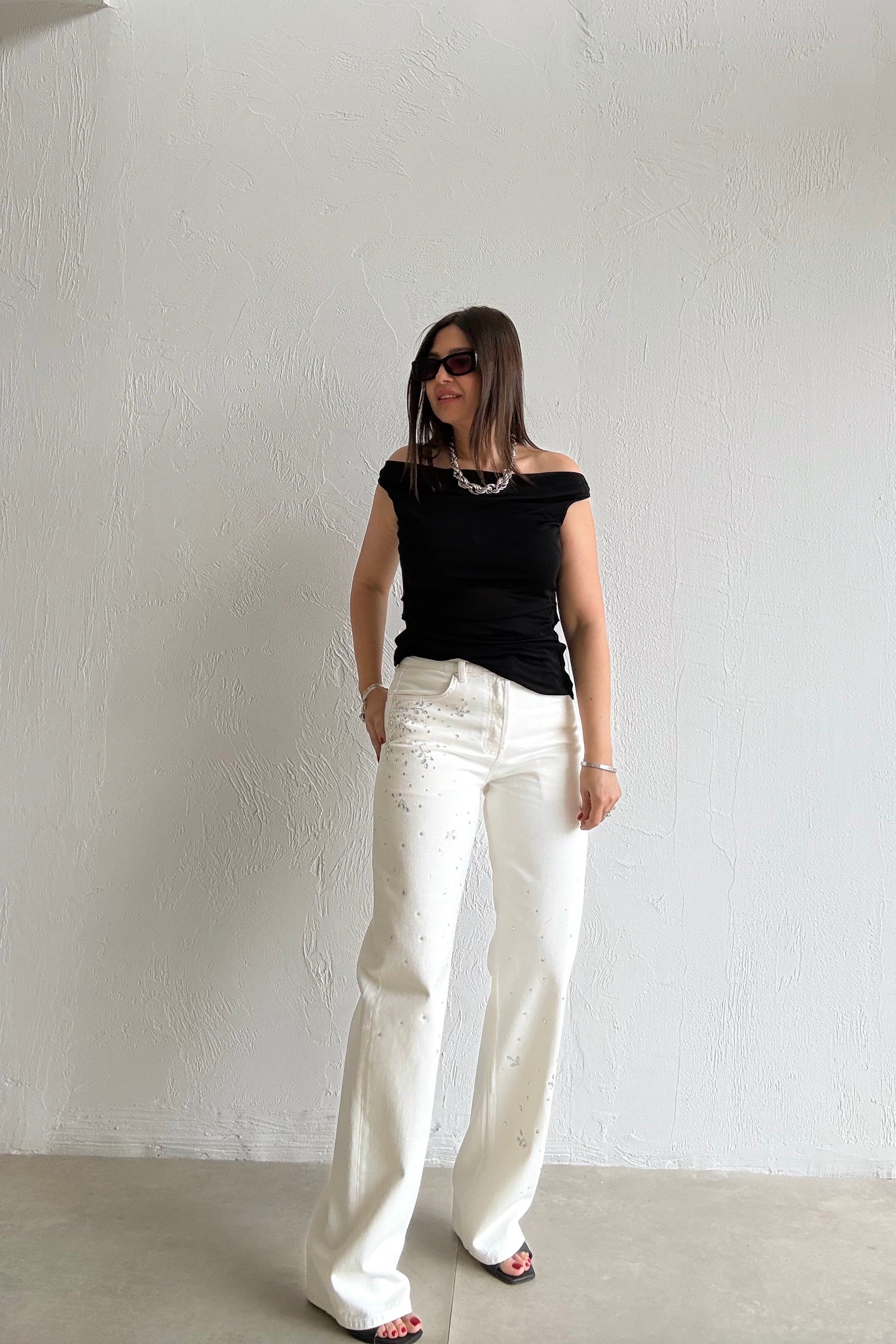 Taşlı Straight Jean EKRU