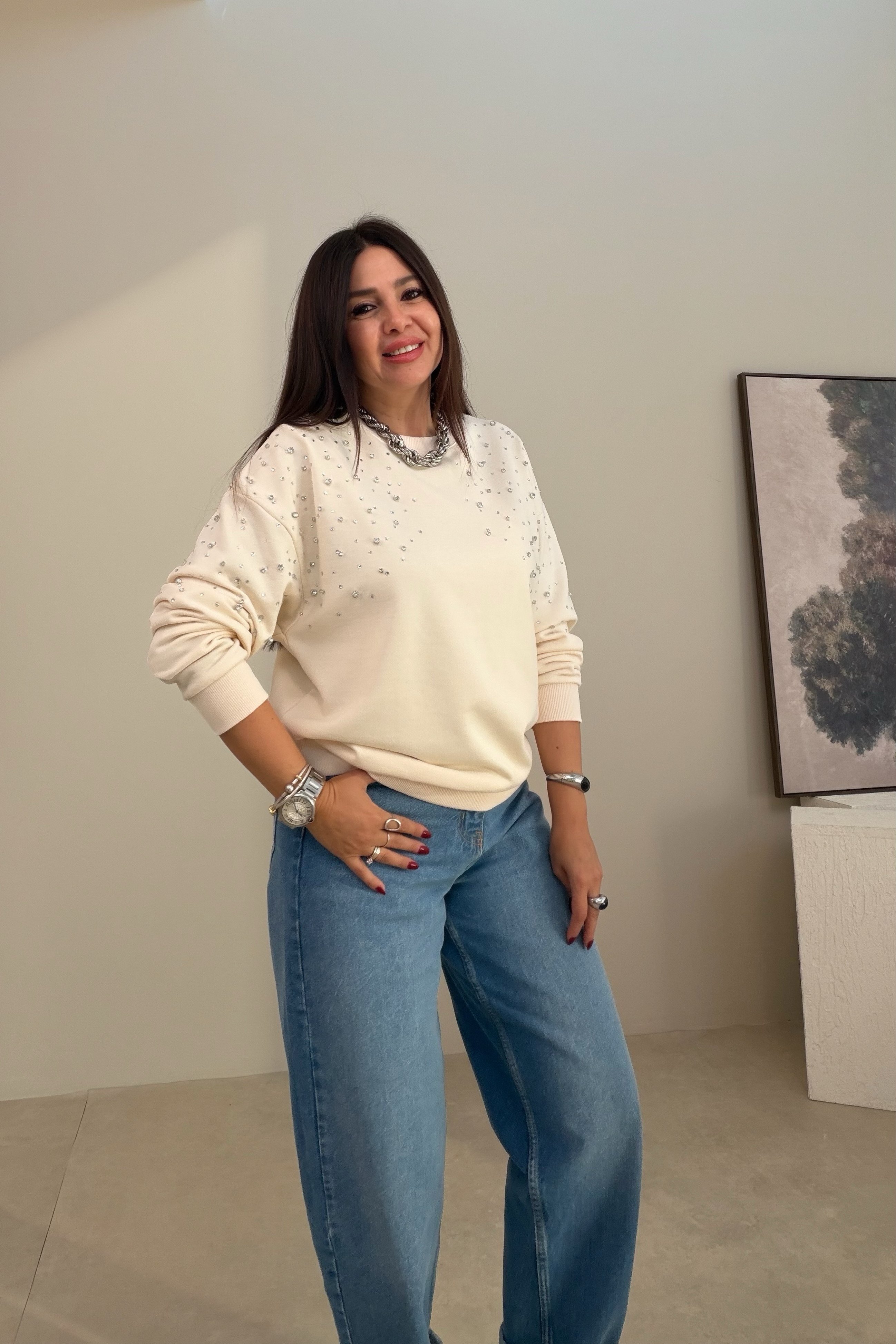 Taşlı Sweatshirt EKRU
