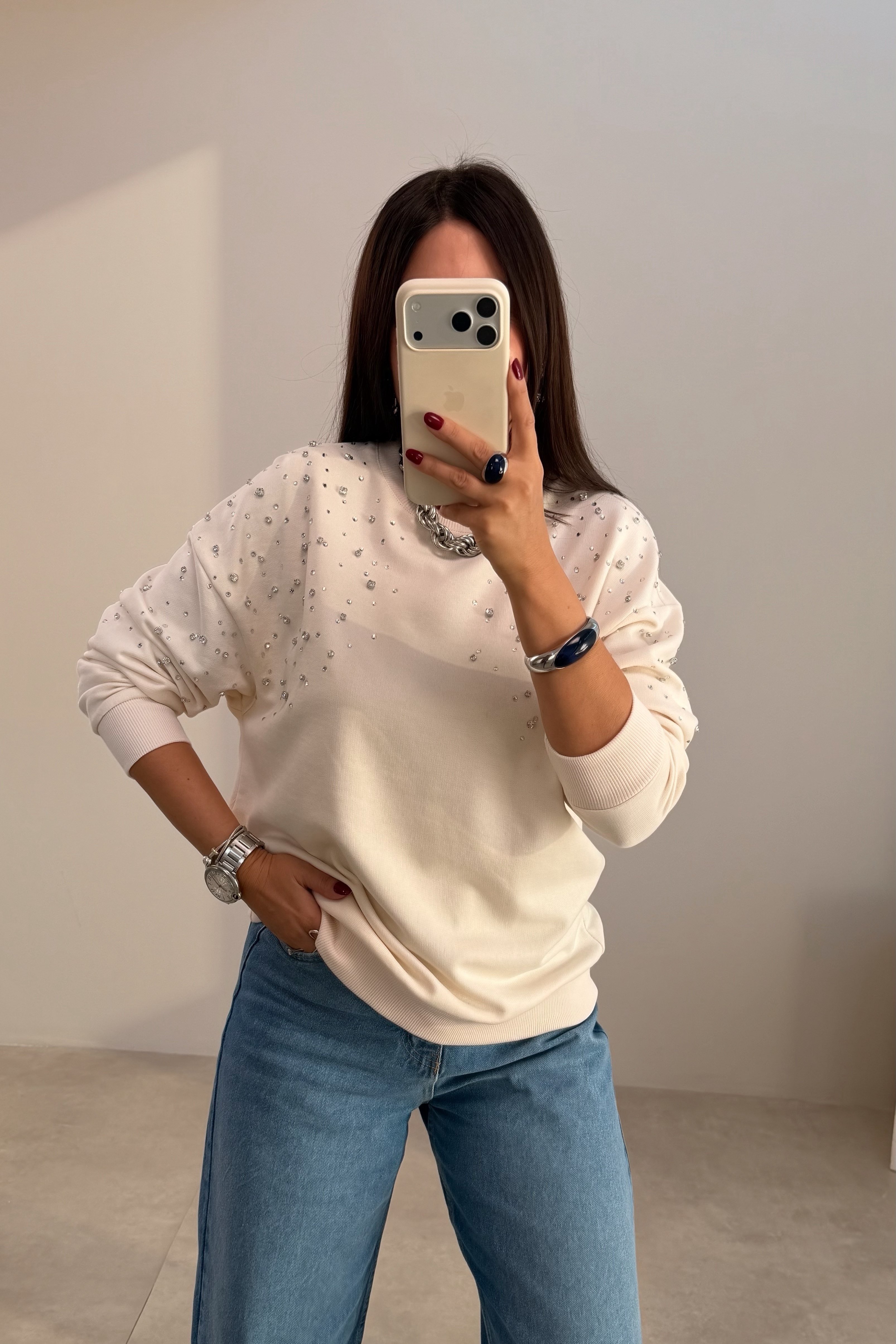 Taşlı Sweatshirt EKRU