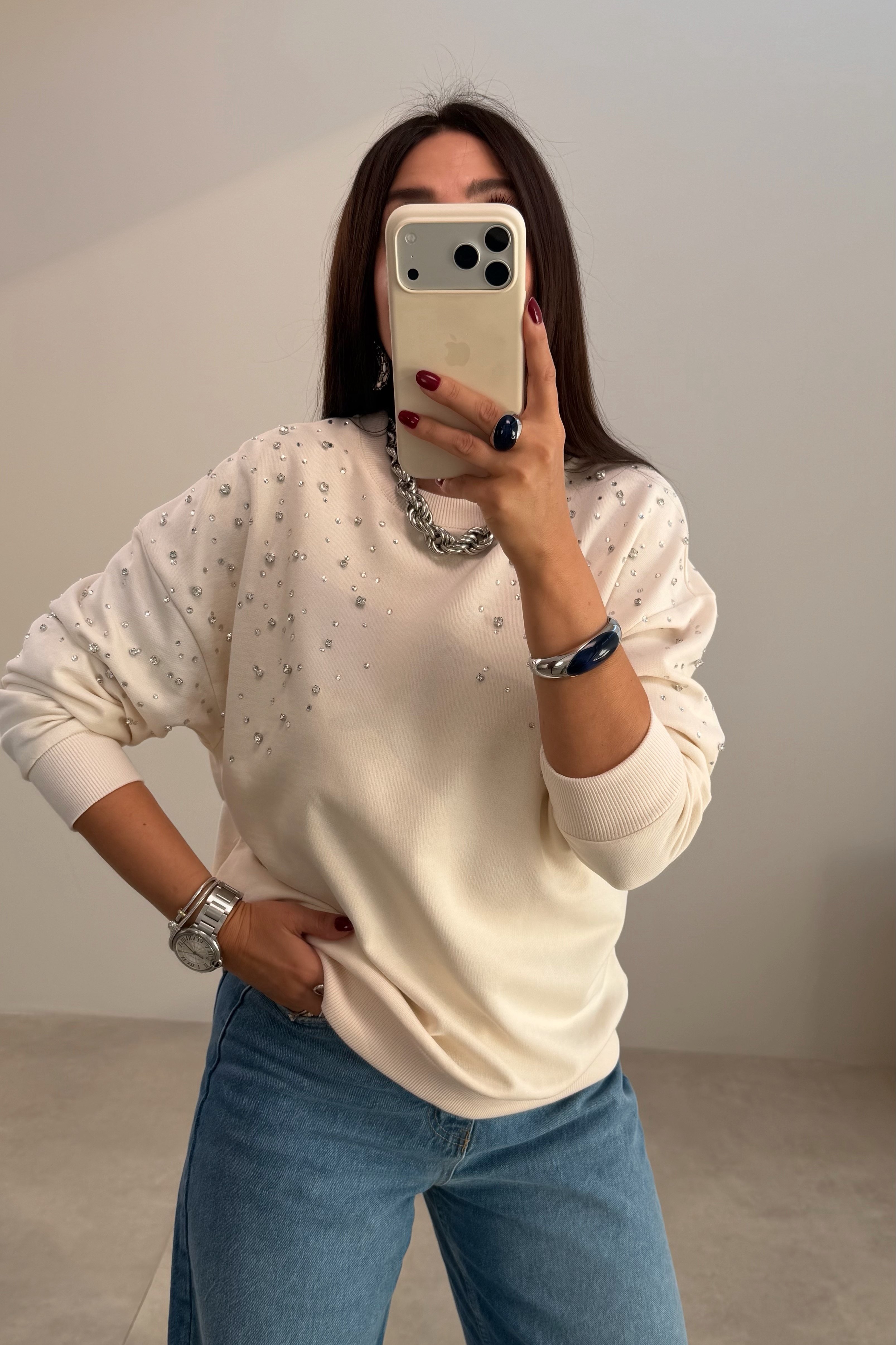 Taşlı Sweatshirt EKRU