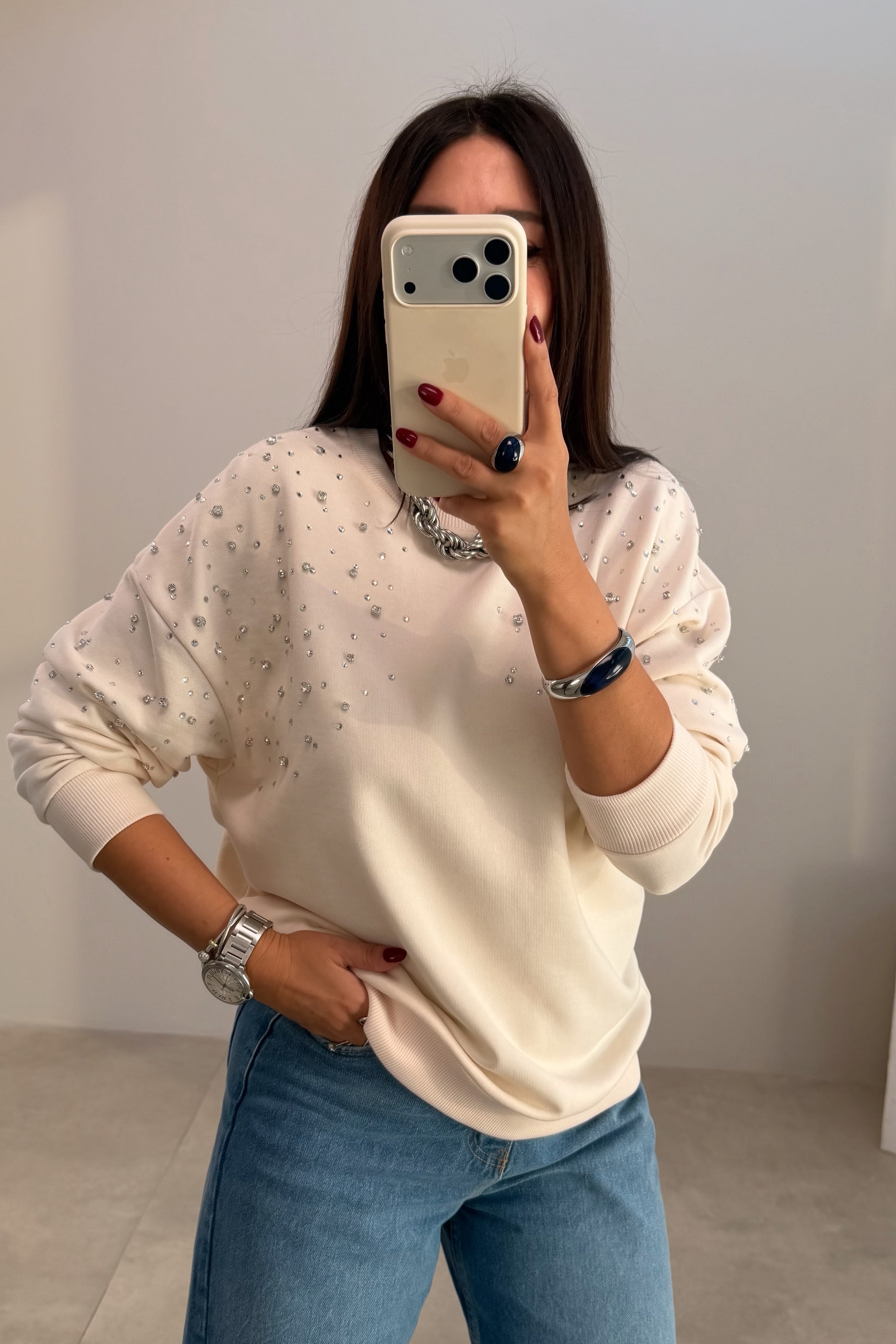 Taşlı Sweatshirt EKRU