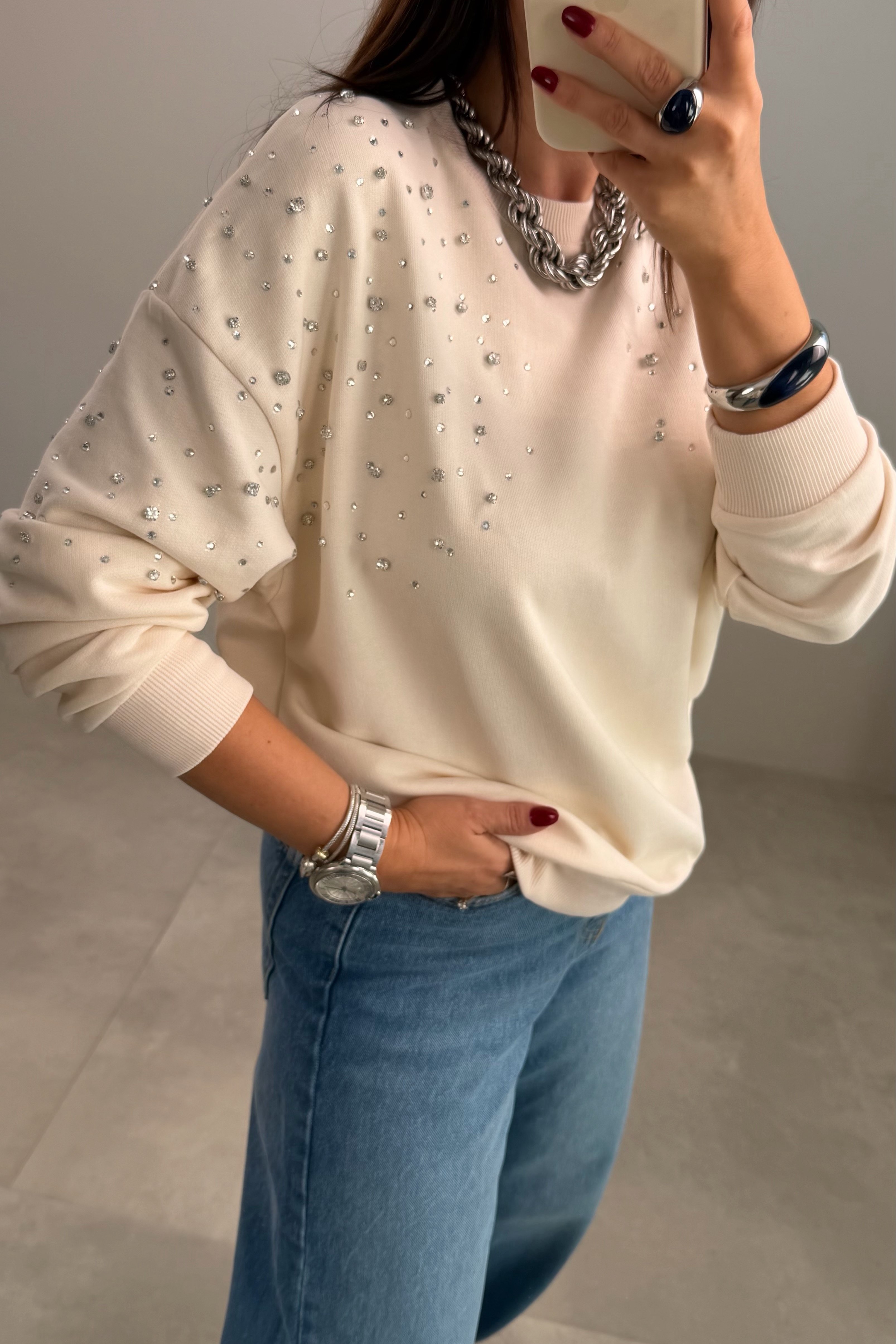 Taşlı Sweatshirt EKRU