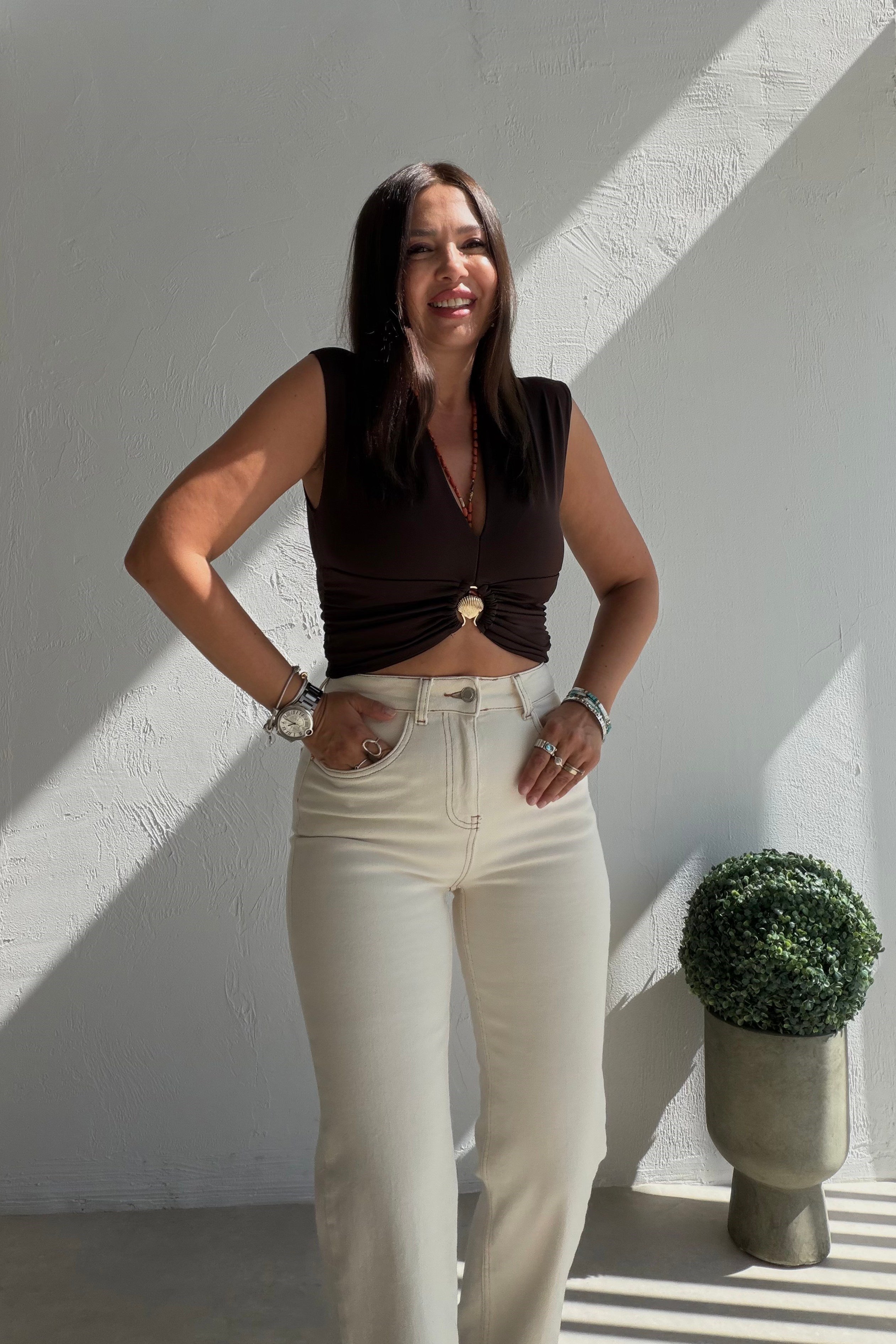 Toka Detaylı Crop Bluz KAHVERENGİ