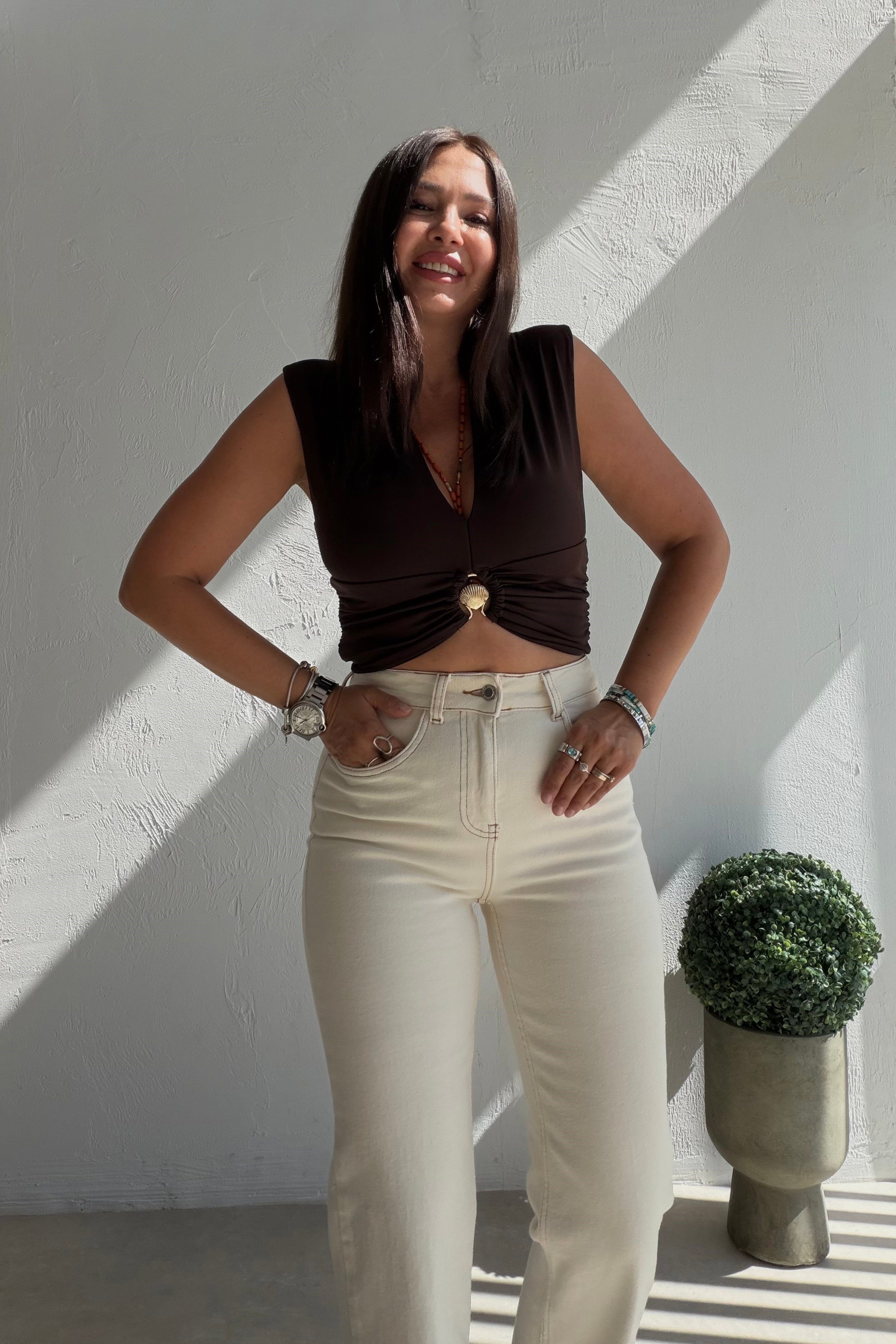 Toka Detaylı Crop Bluz KAHVERENGİ