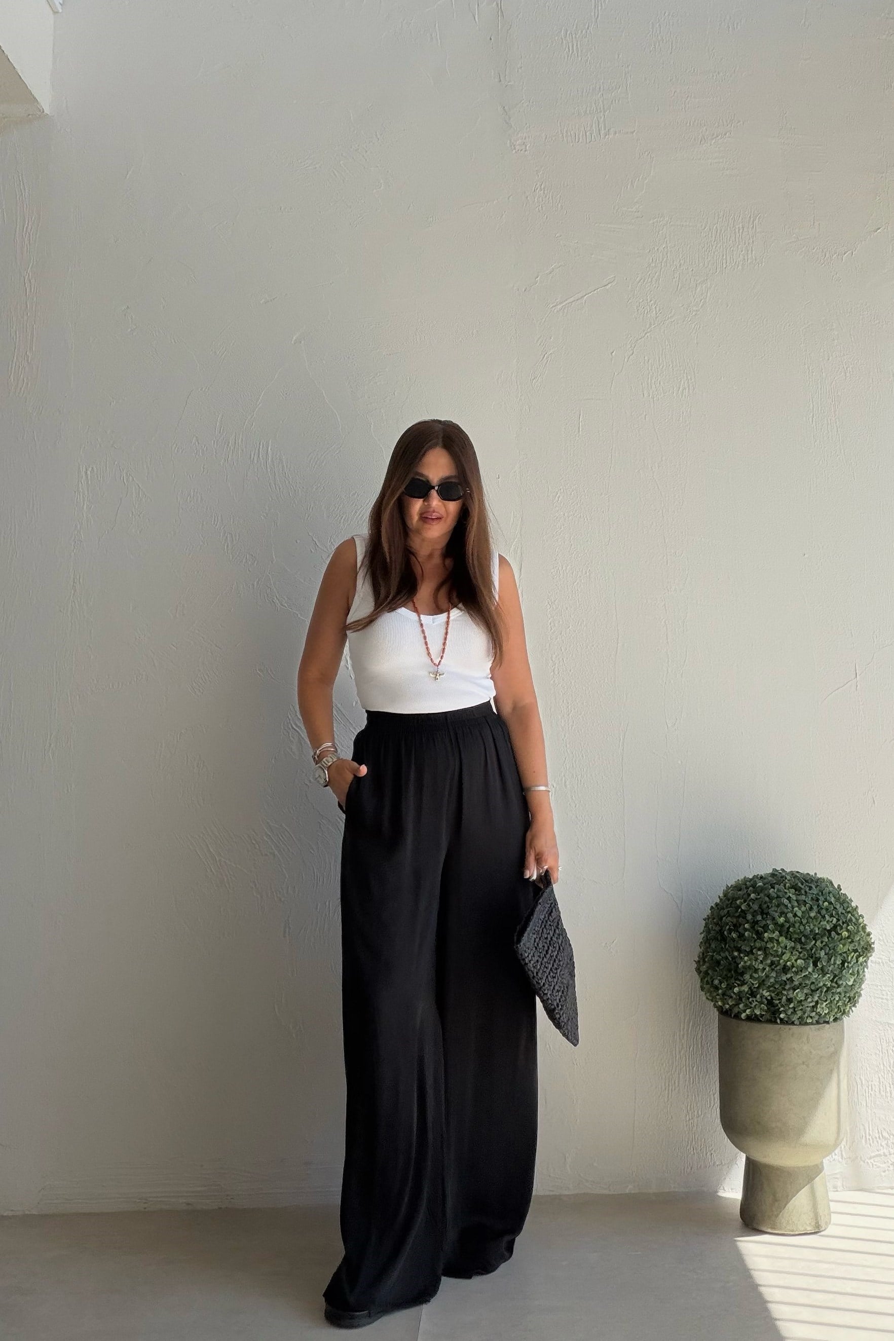 Pileli Dokulu Pantalon SİYAH