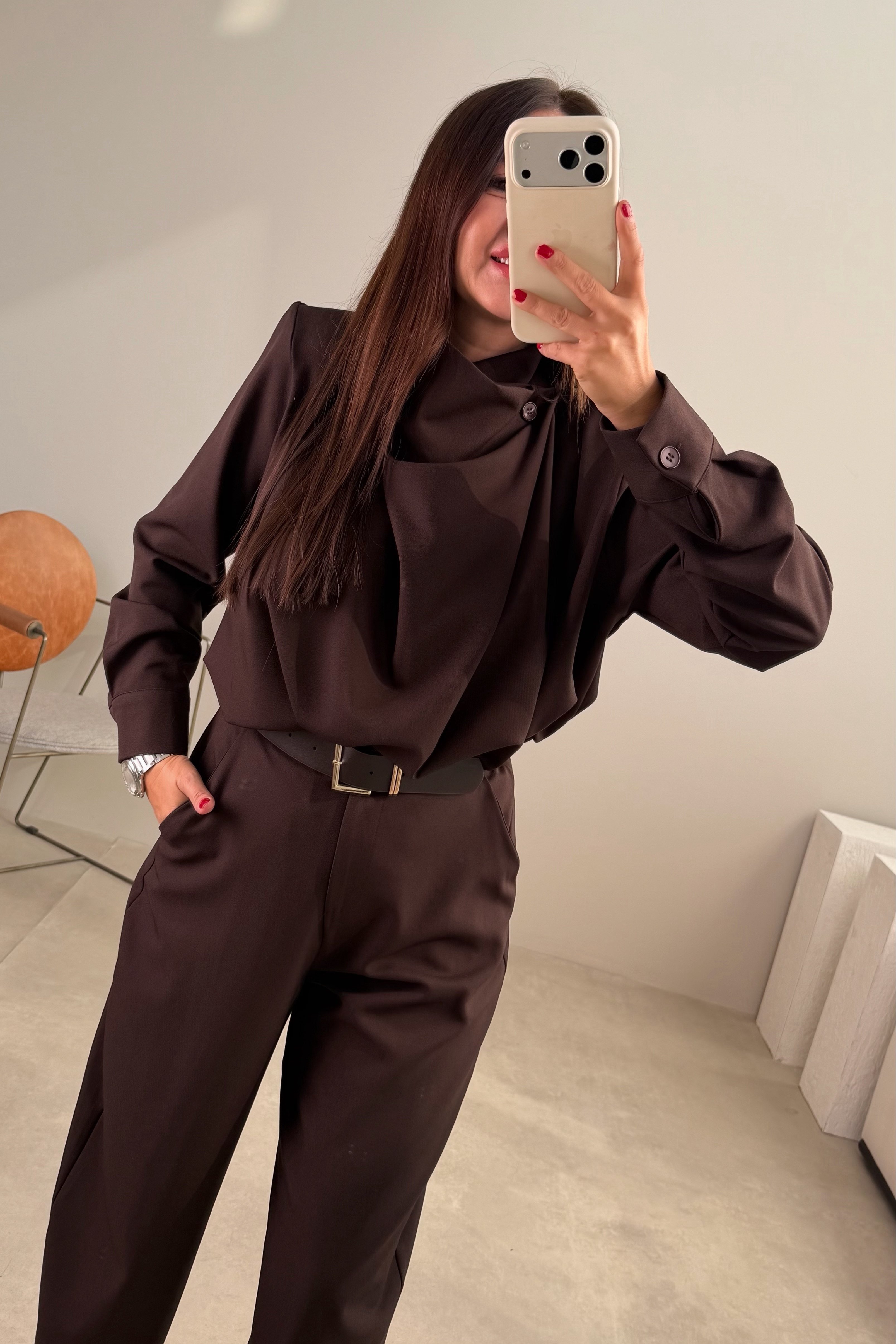 Yaka Detaylı Bluz Pantolon Takım ACI KAHVE