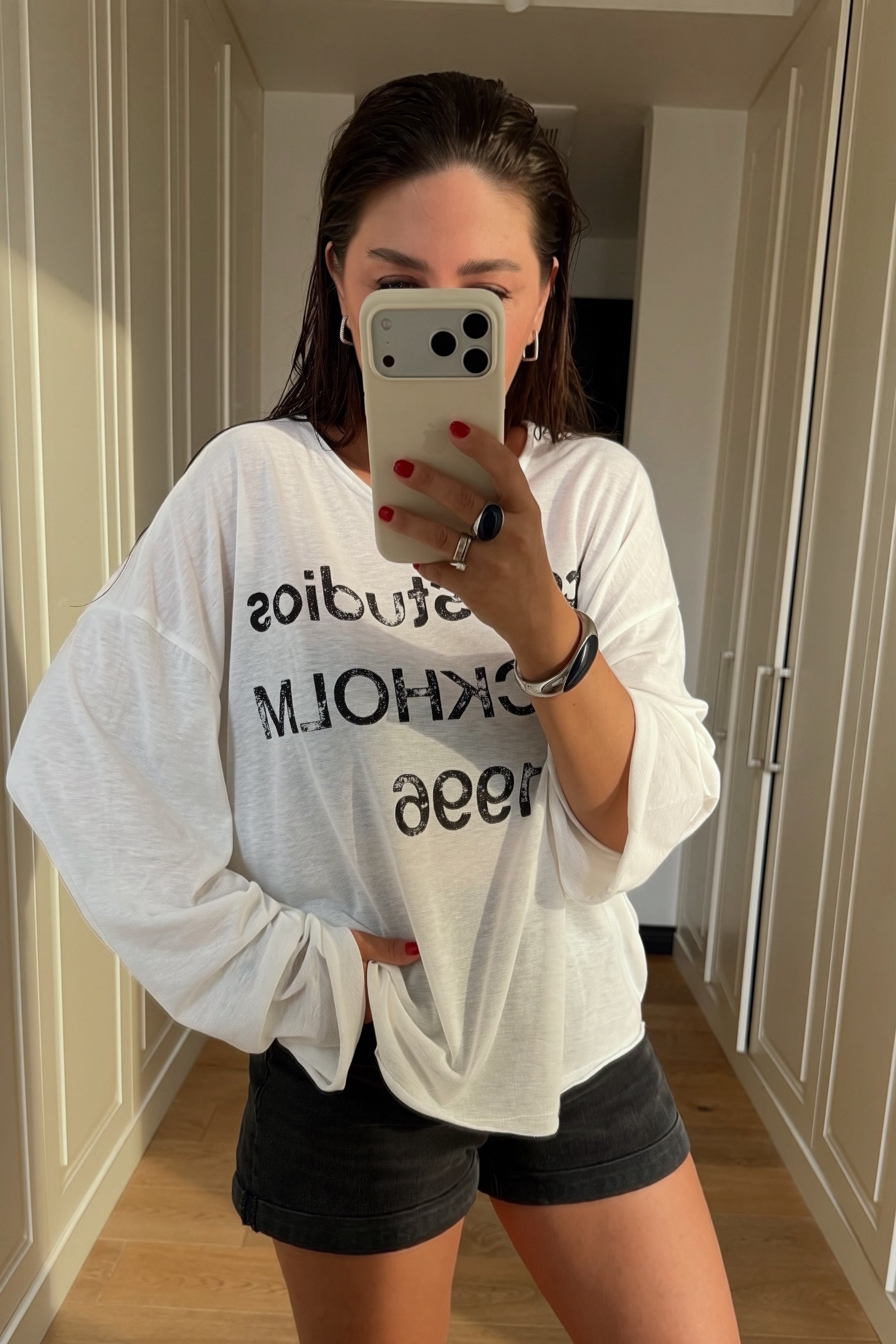 Yazı Baskılı Oversize Üst BEYAZ