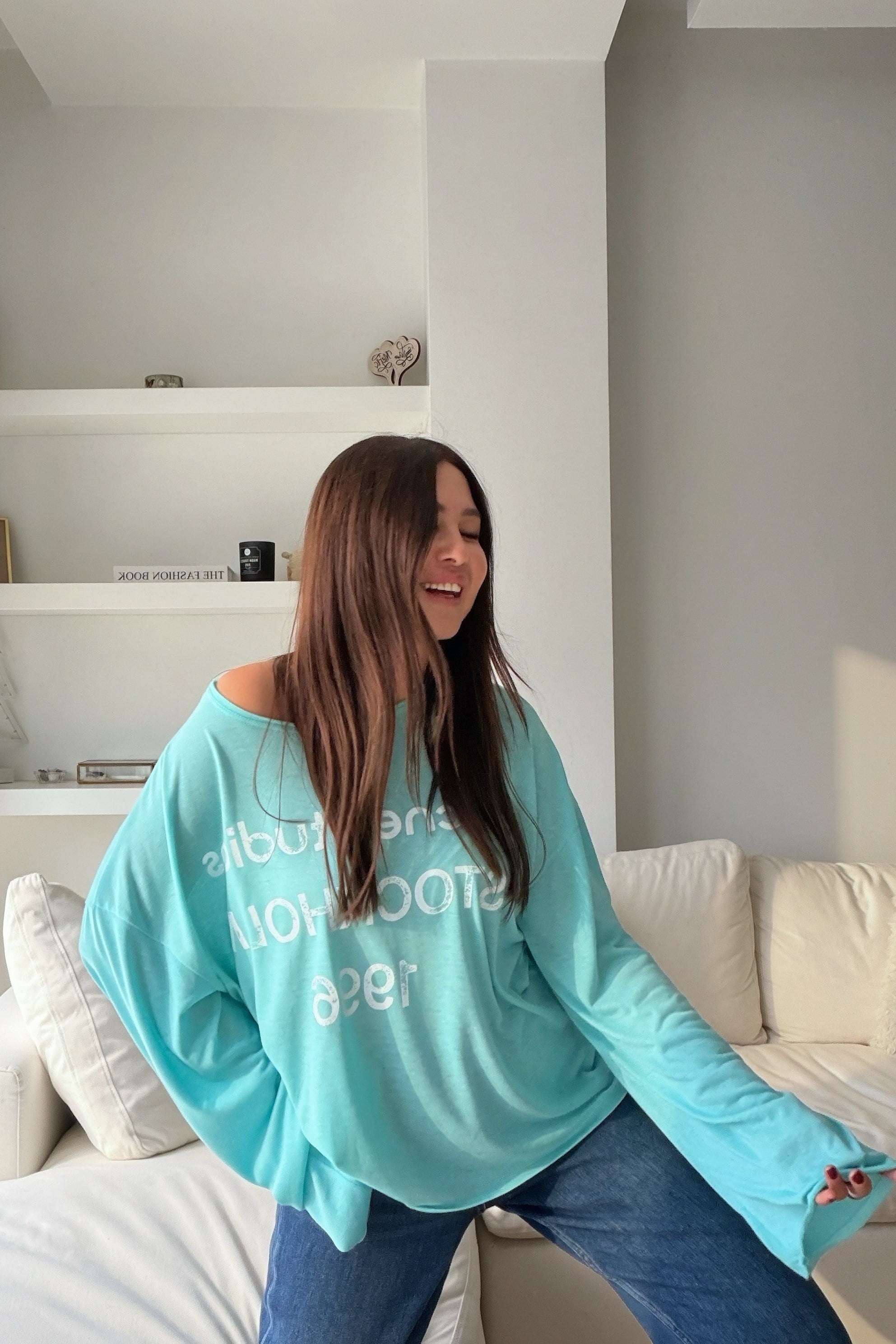 Yazı Baskılı Oversize Üst TURKUAZ