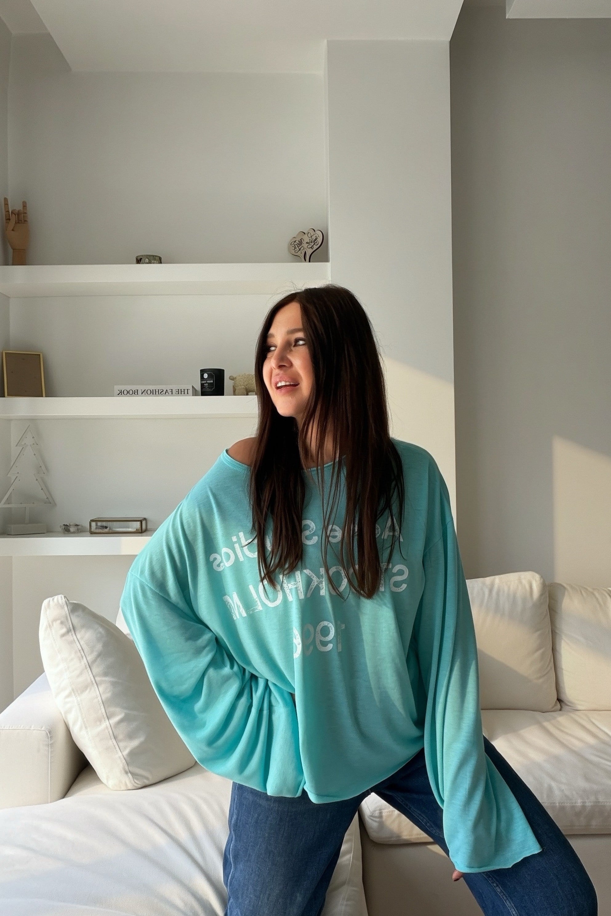 Yazı Baskılı Oversize Üst TURKUAZ