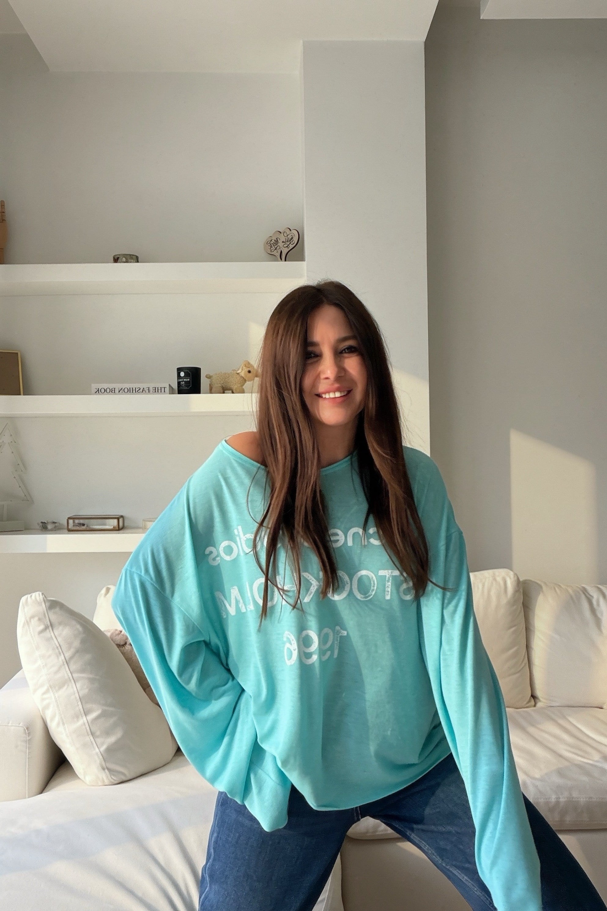 Yazı Baskılı Oversize Üst TURKUAZ