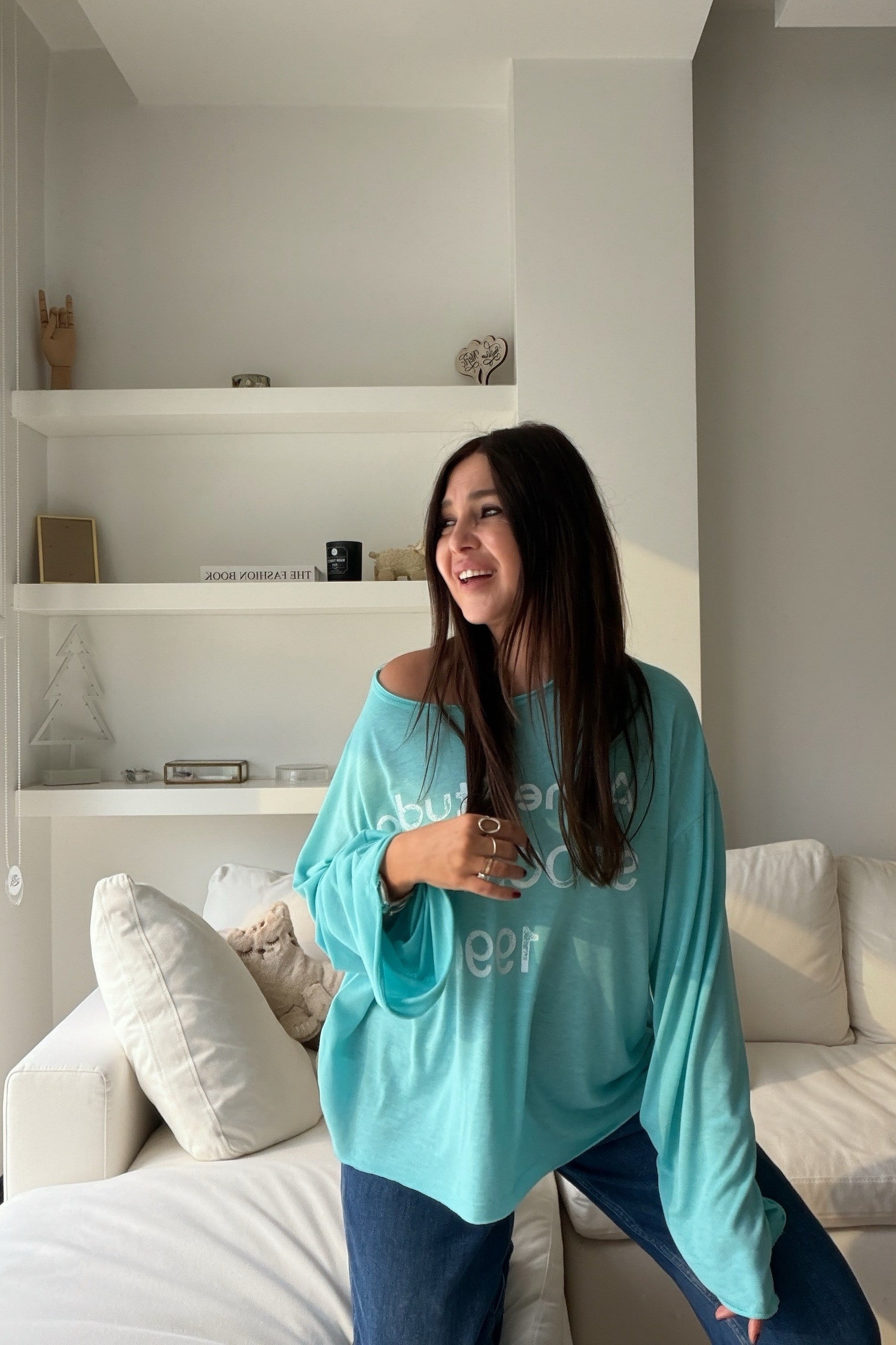 Yazı Baskılı Oversize Üst TURKUAZ