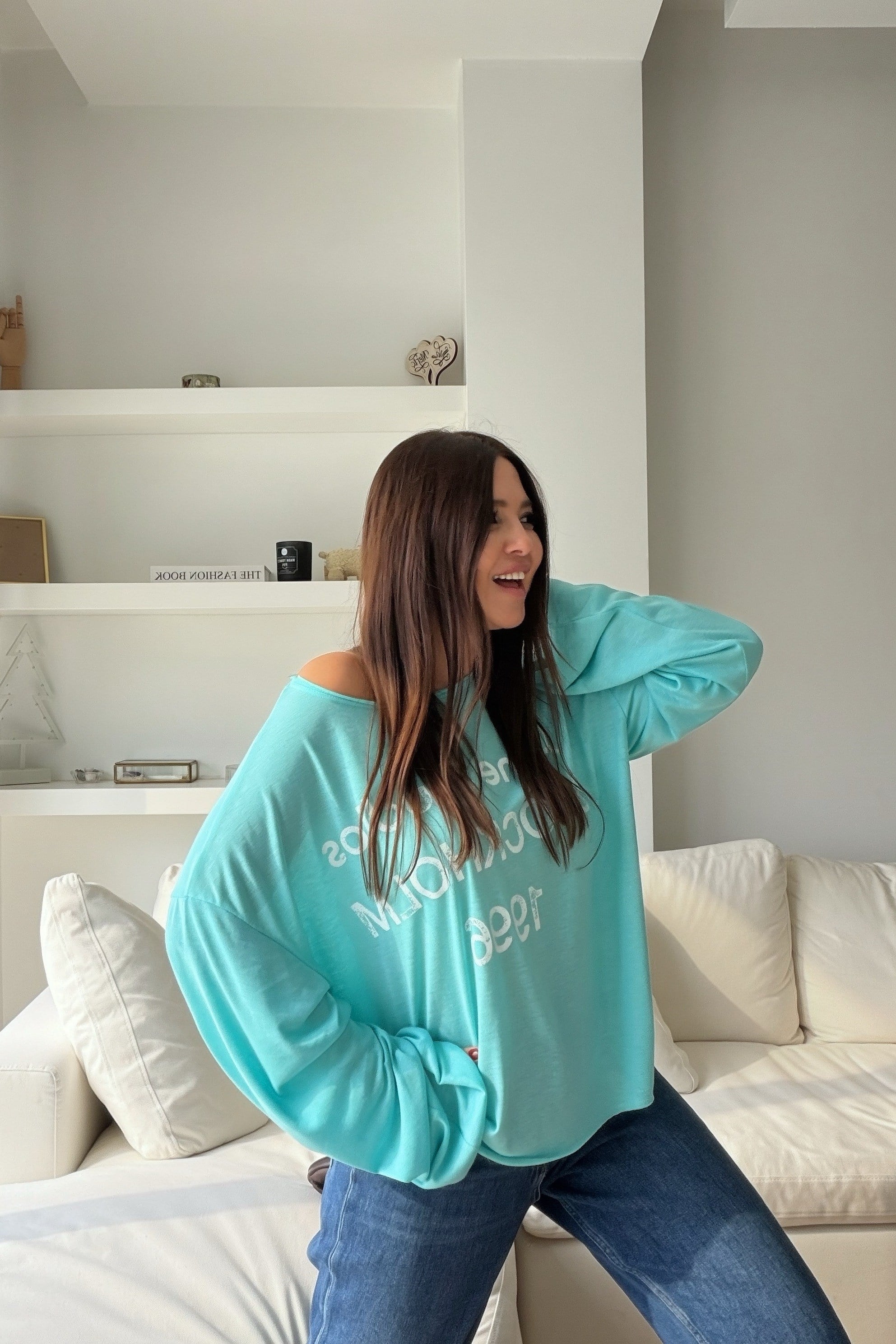 Yazı Baskılı Oversize Üst TURKUAZ