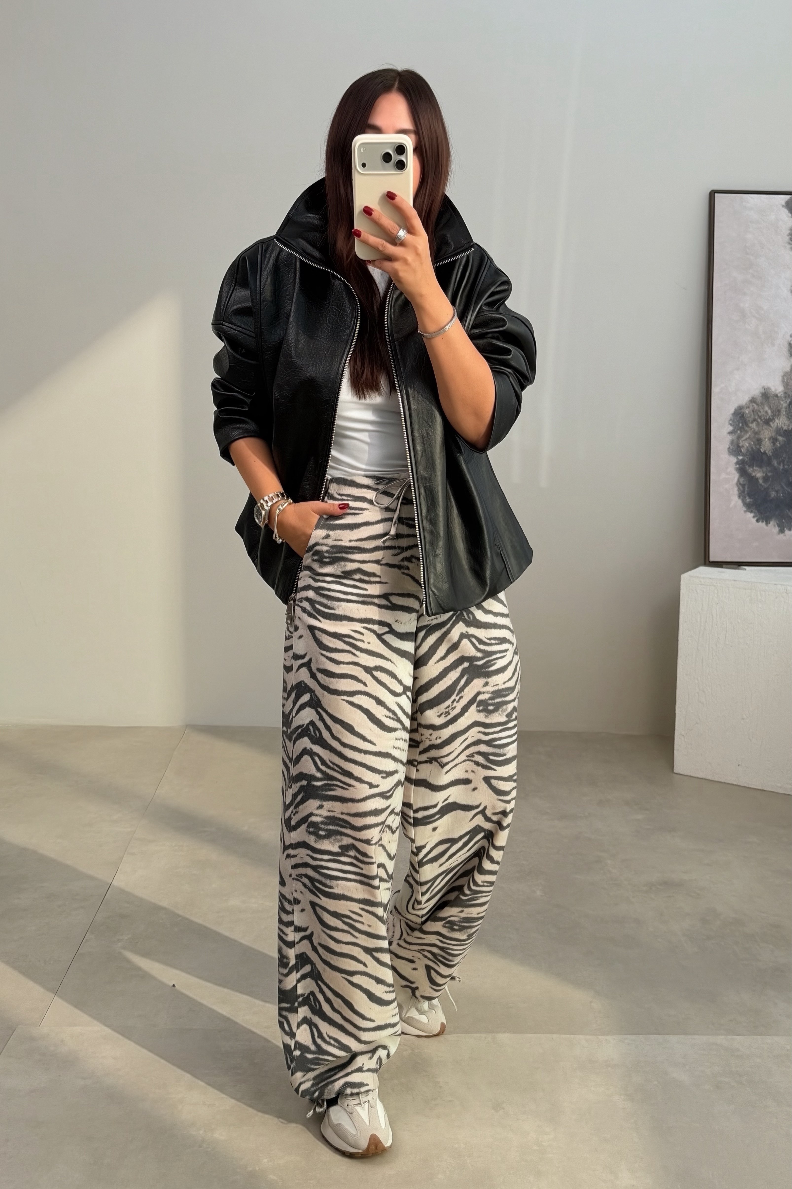 Zebra Desenli Spor Pantolon EKRU
