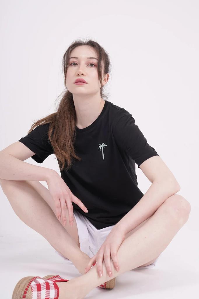 The Socks Company 23SCTS228U Palmiye Nakışlı Bisiklet Yaka Siyah Tshirt