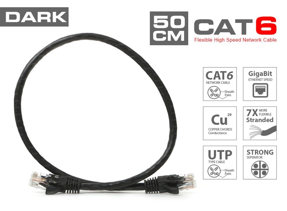 Dark 0,50m Cat6 CU AWG24/7 UTP Siyah Patch Network Kablosu