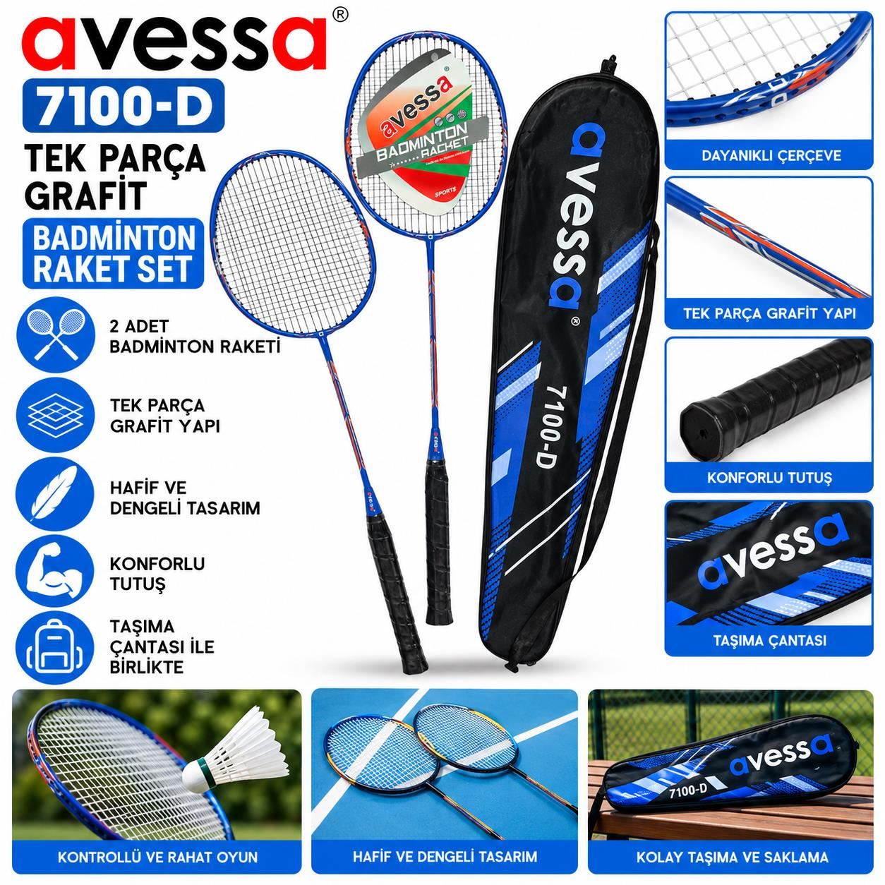 Avessa 7100-D Grafit Badmington Raketi Seti