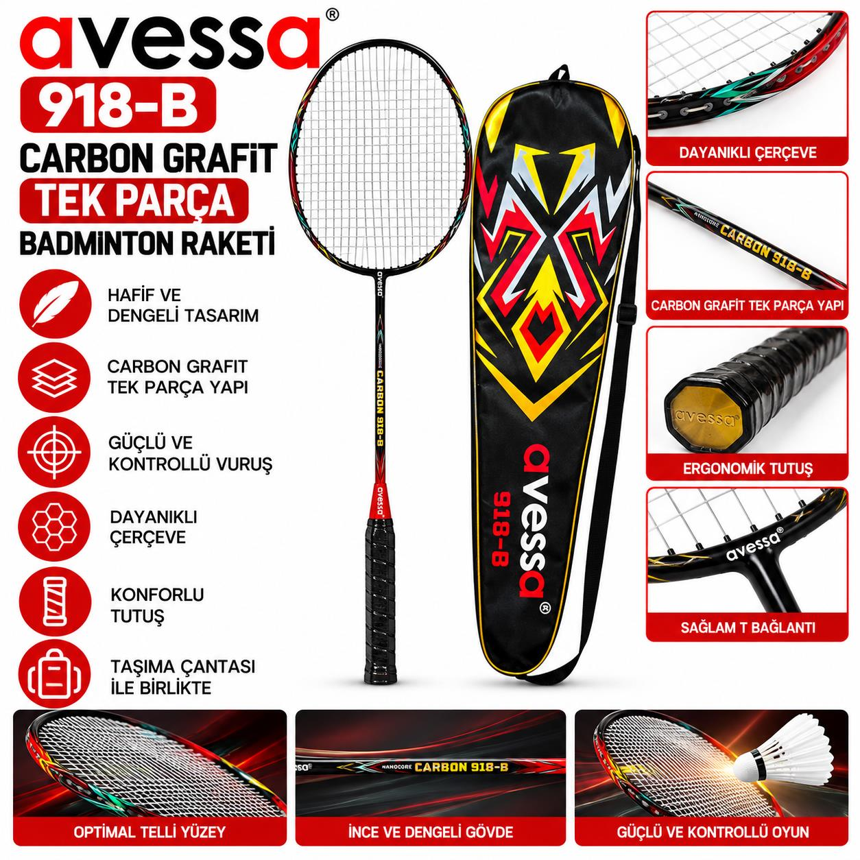Avessa 918-B Carbon Grafit Badmington Raketi
