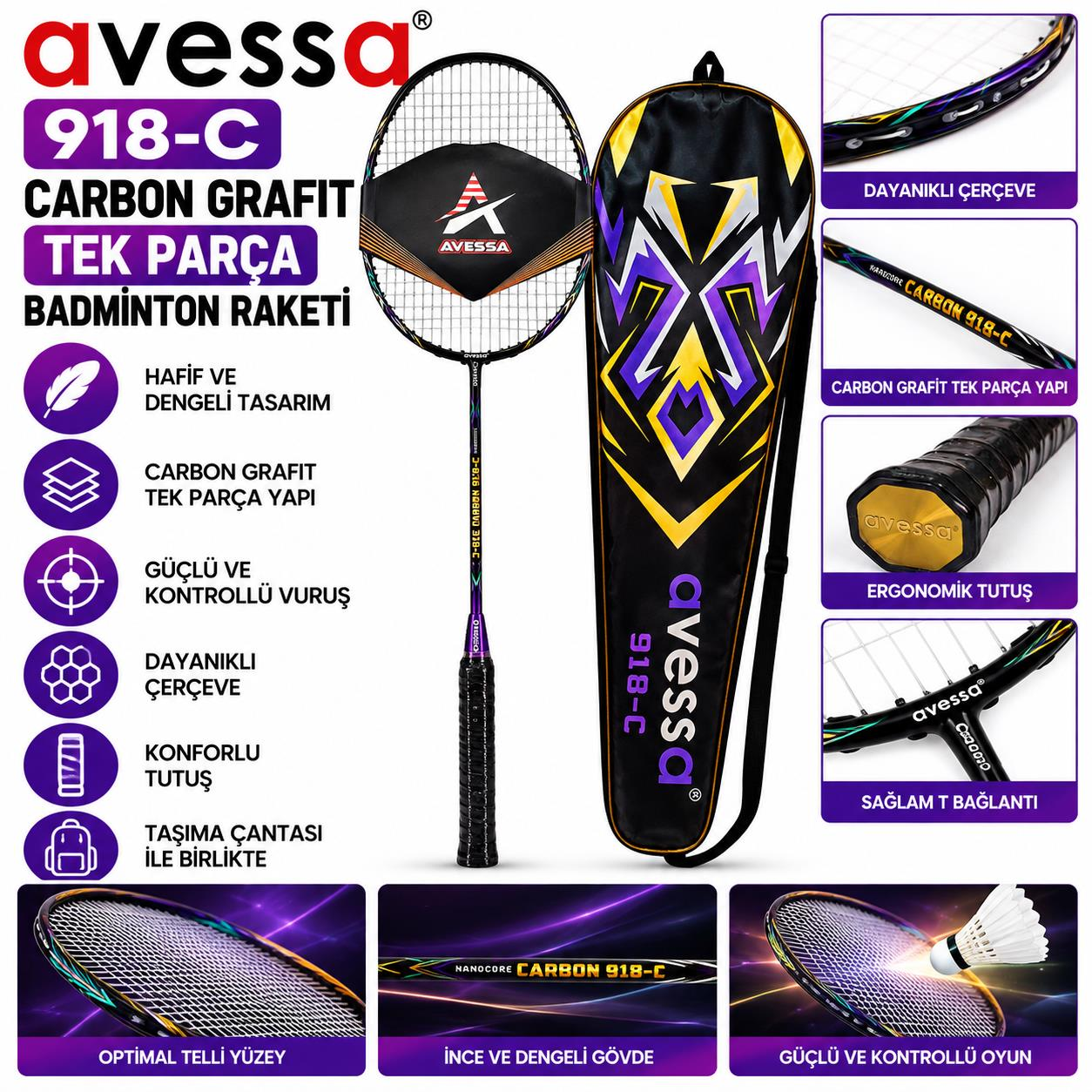 Avessa 918-C Carbon Grafit Badmington Raketi