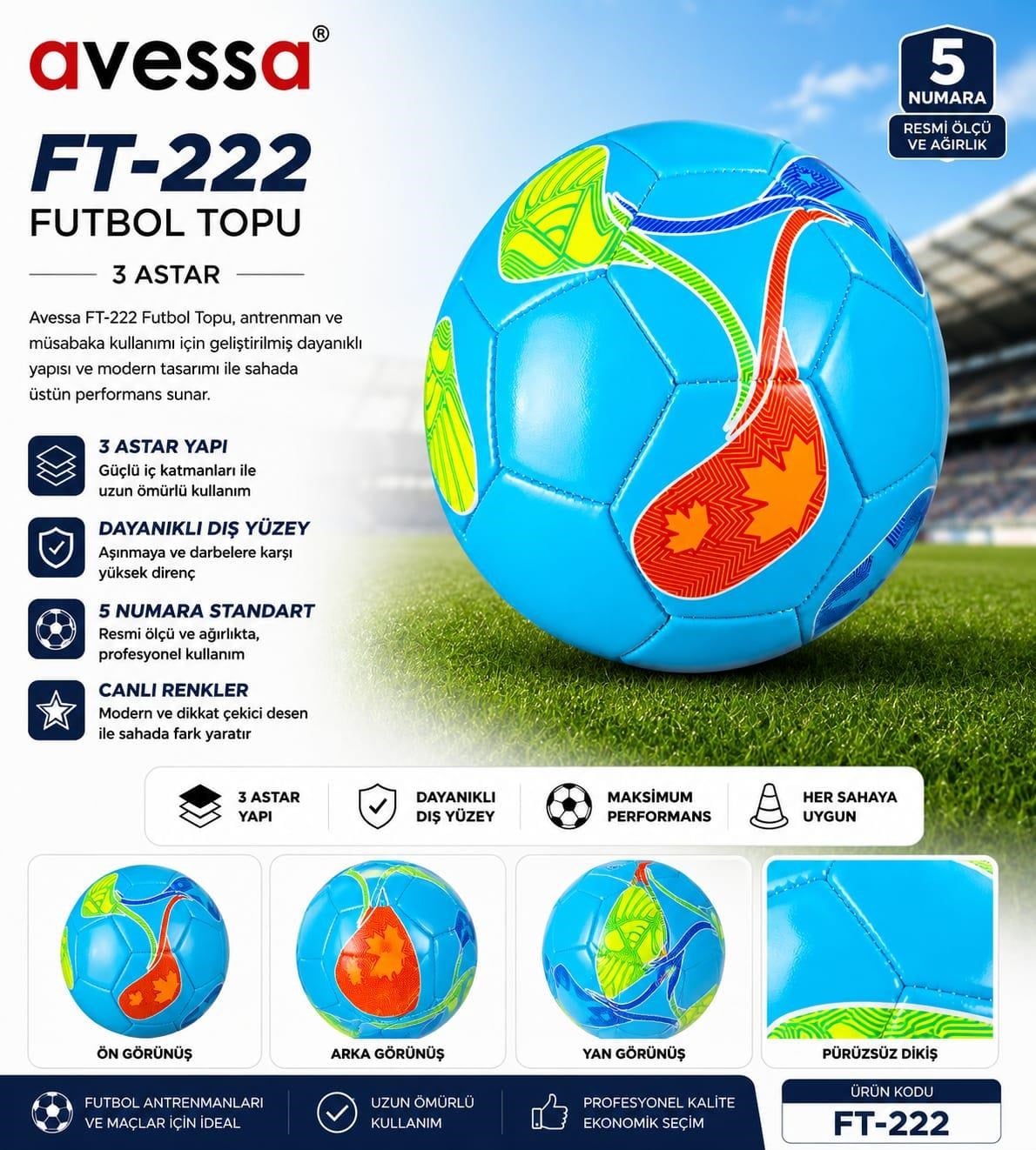 Avessa Ft-222 Futbol Topu 3 Astar Açık Mavi