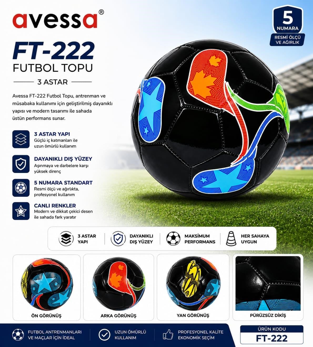 Avessa Ft-222 Futbol Topu 3 Astar Siyah