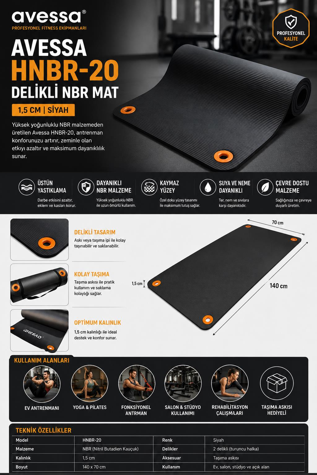 Avessa Hnbr-20 Delikli Nbr Mat 1,5 Cm Siyah