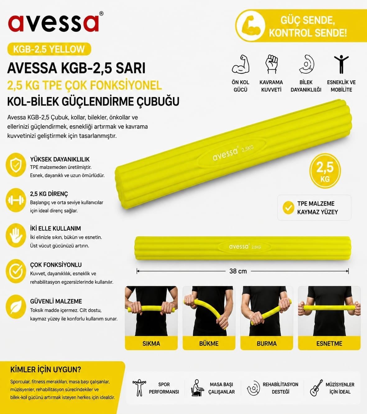 Avessa Kbg-2,5 Tpe Çok Fonksiyonlu Kol-Bilek Güçlendirme Çubuğu