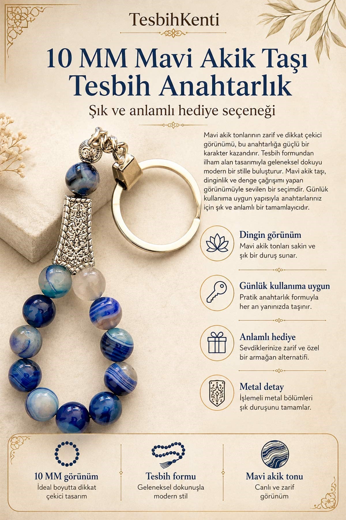 10 MM Mavi Akik Taşı Tesbih Anahtarlık - TesbihKenti