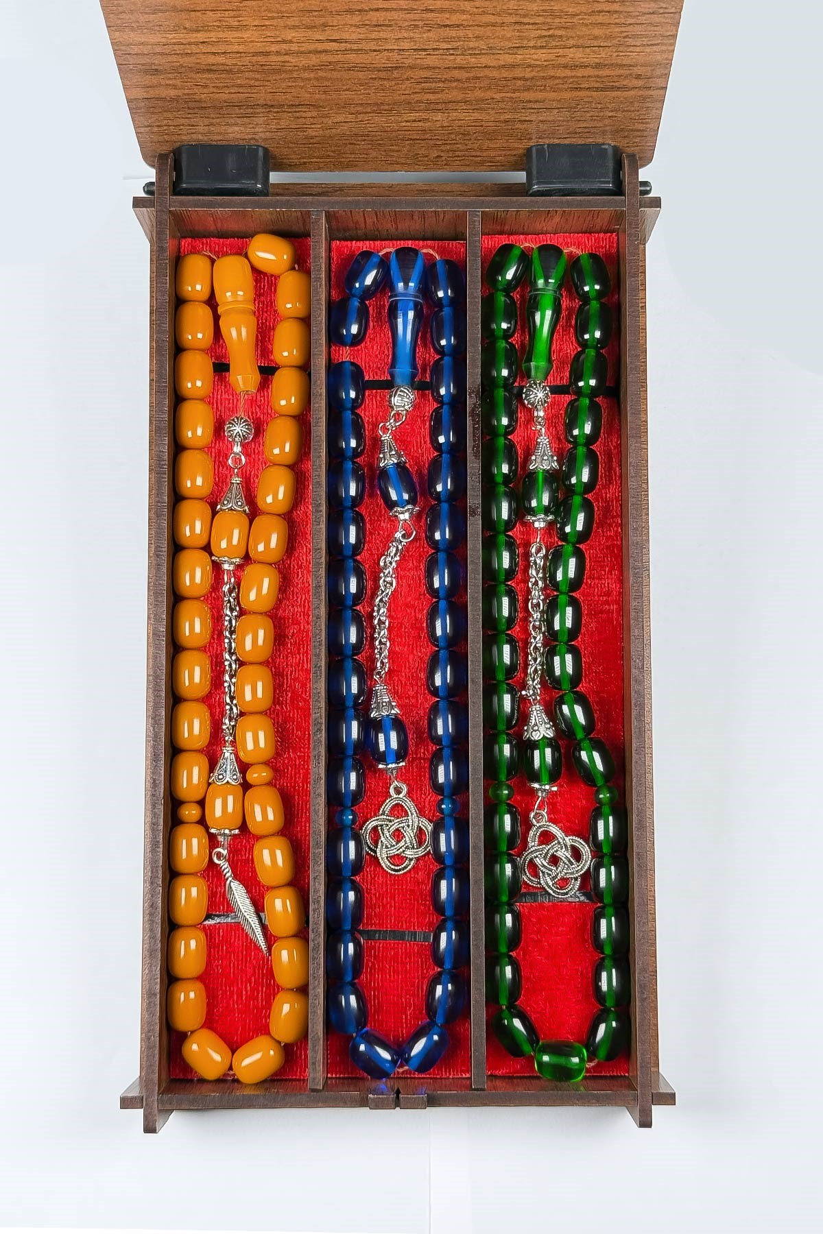 3'lü Ahşap Kutuda Ateş Kehribar Tesbih | TesbihKenti