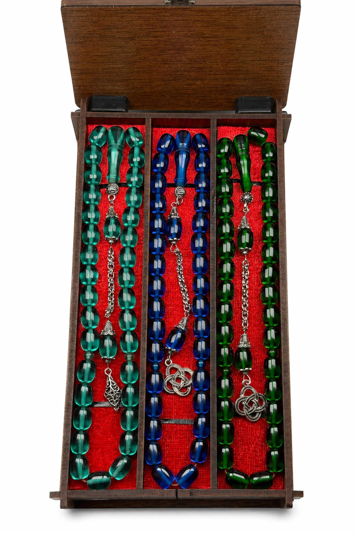 3'lü Ahşap Kutuda Ateş Kehribar Tesbih | TesbihKenti