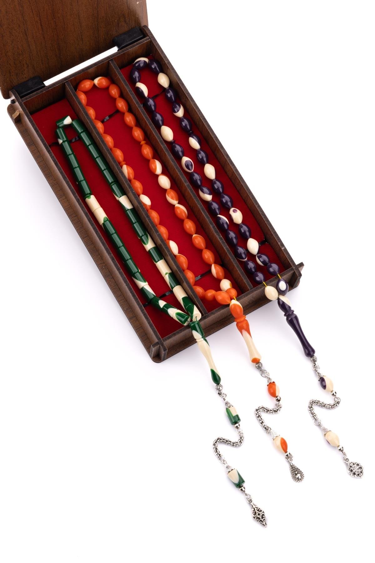 3'lü Ahşap Kutusunda Bilardo Toz Kehribar Tesbih