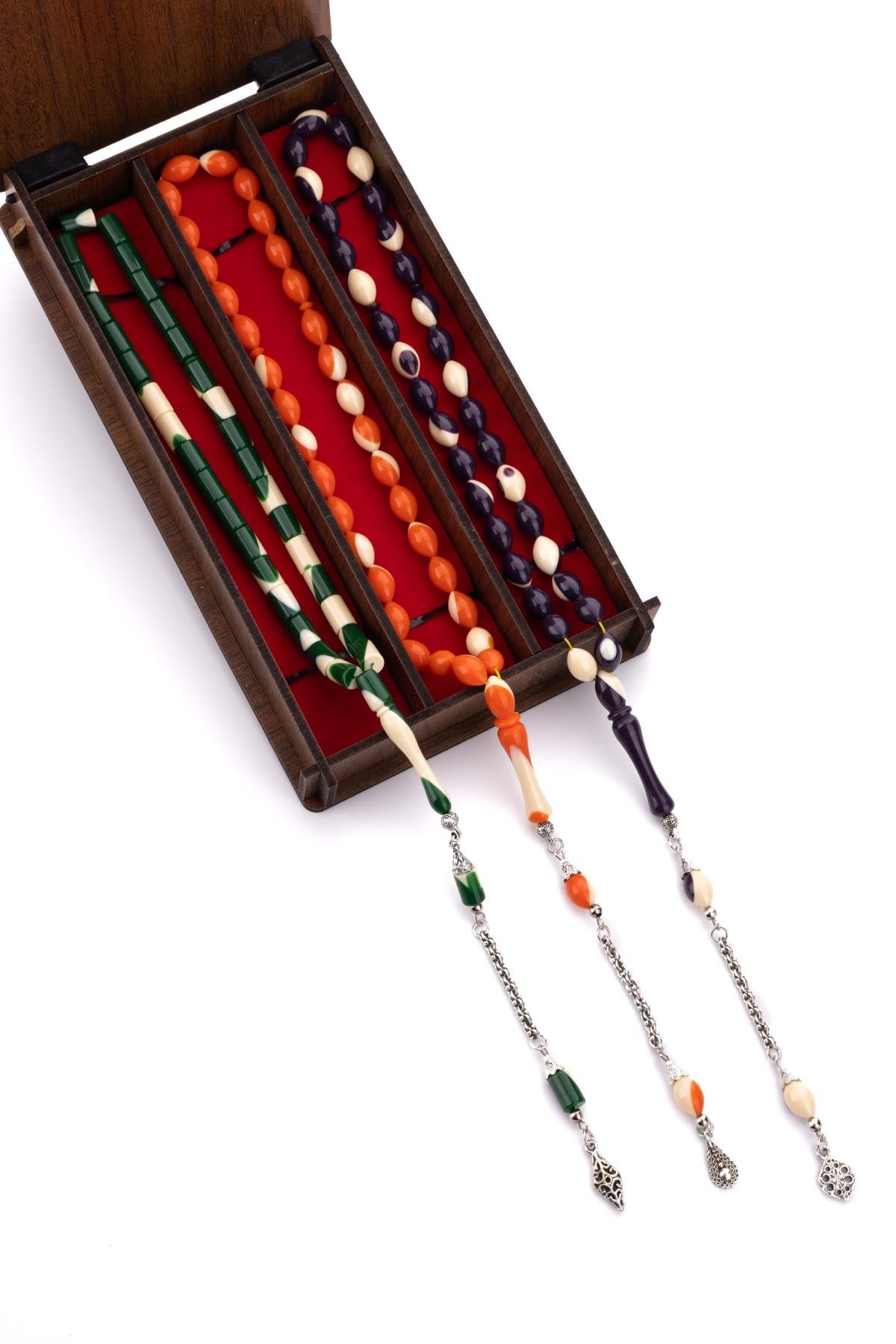 3'lü Ahşap Kutusunda Bilardo Toz Kehribar Tesbih