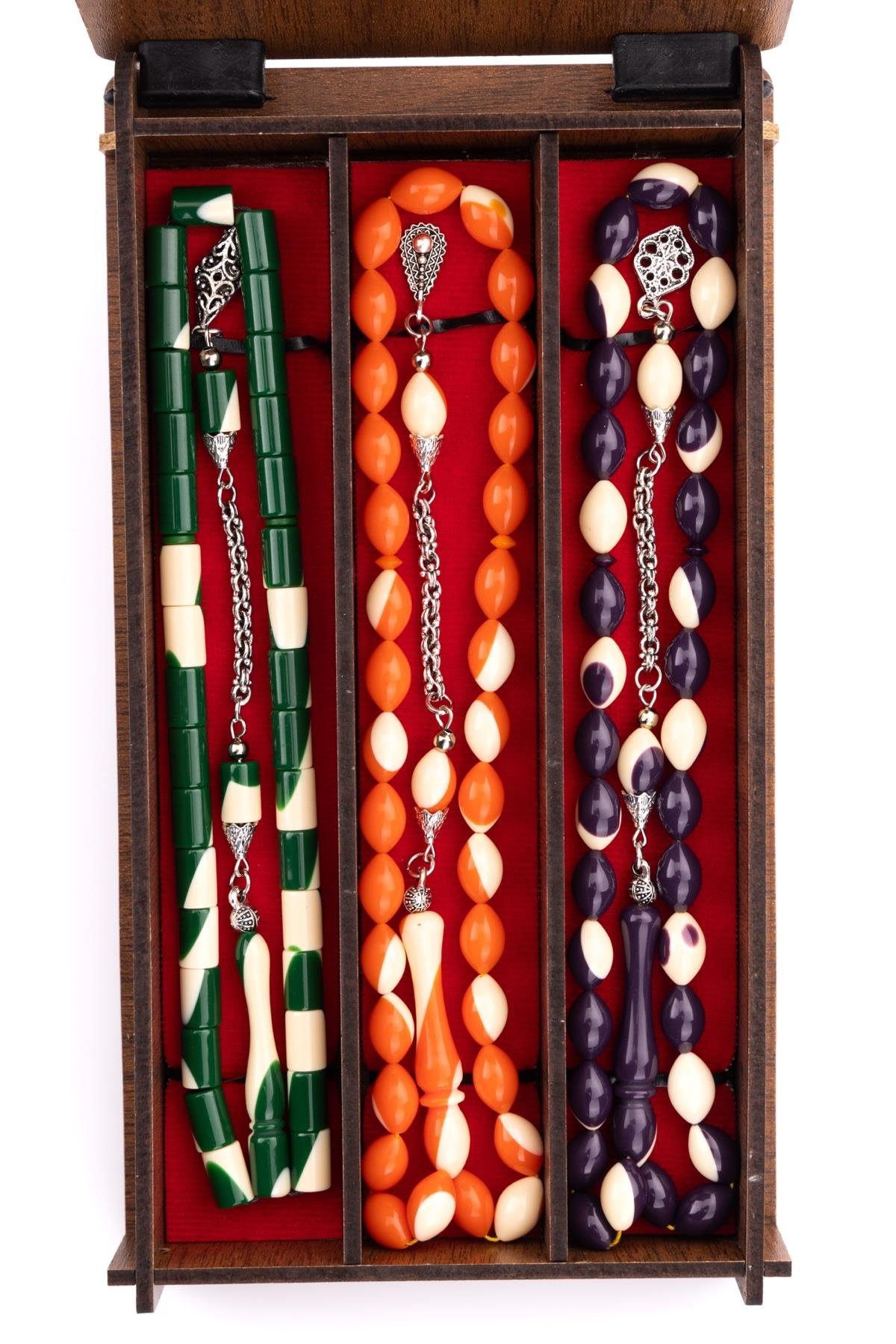 3'lü Ahşap Kutusunda Bilardo Toz Kehribar Tesbih