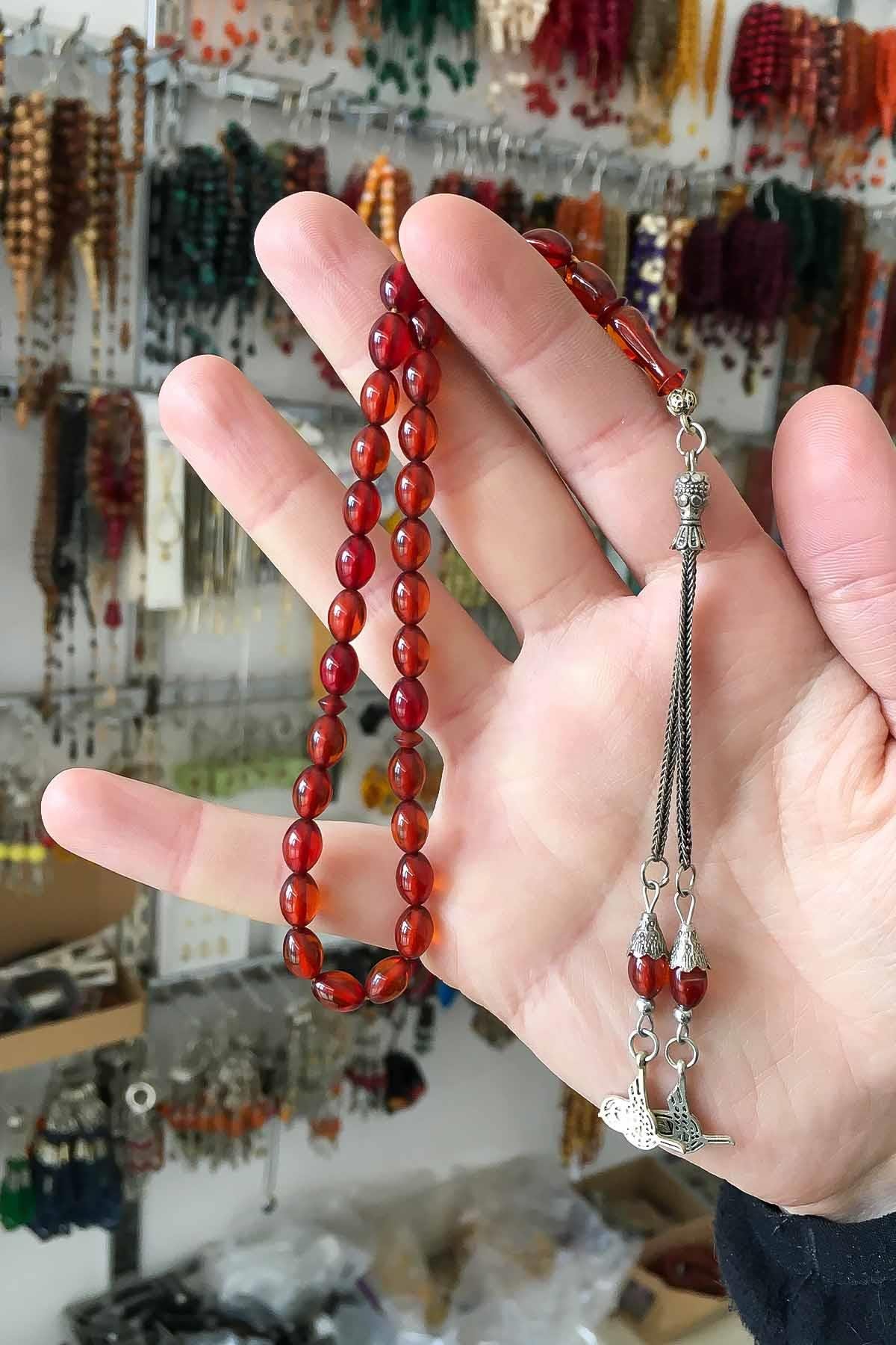8*6 Küçük Taneli Çift Dal Püsküllü Ateş Kehribar Tesbih