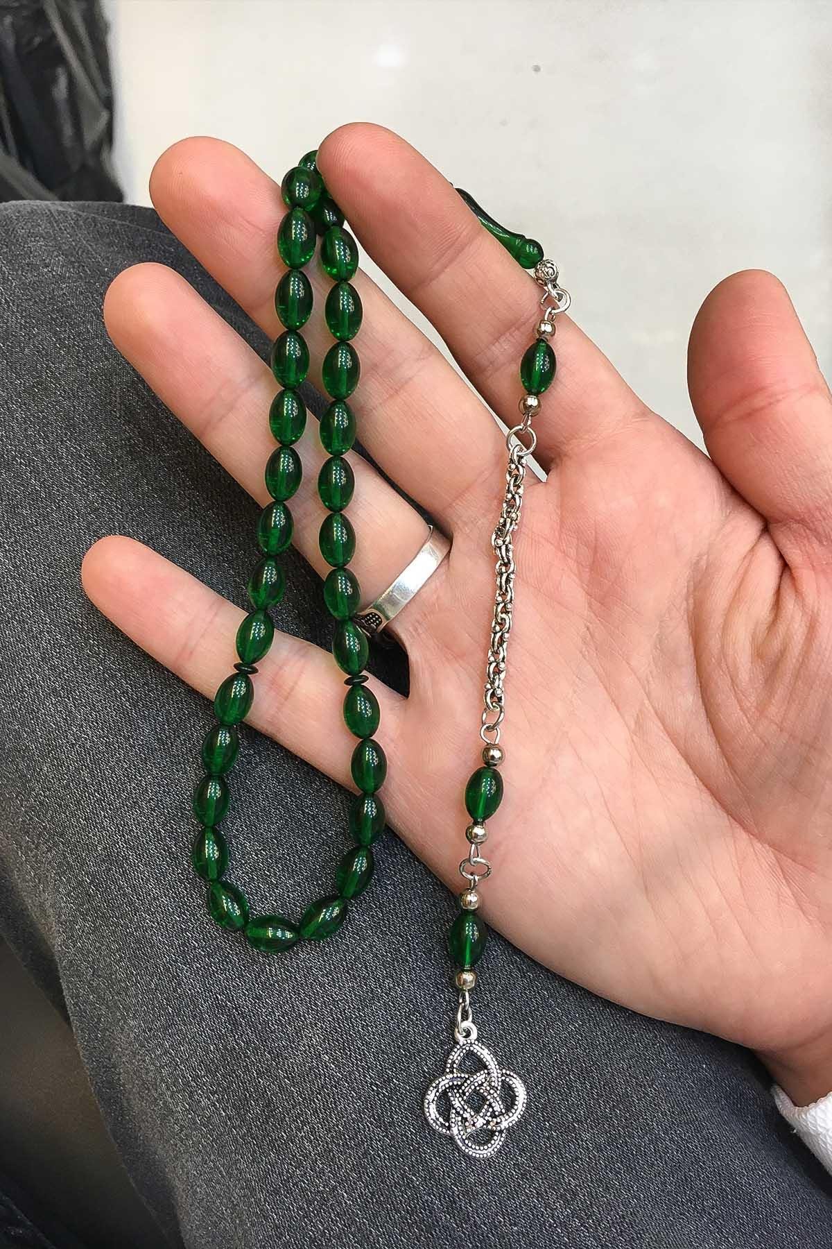 9*6 Küçük Boy Zümrüt Yeşili Renk Ateş Kehribar Tesbih