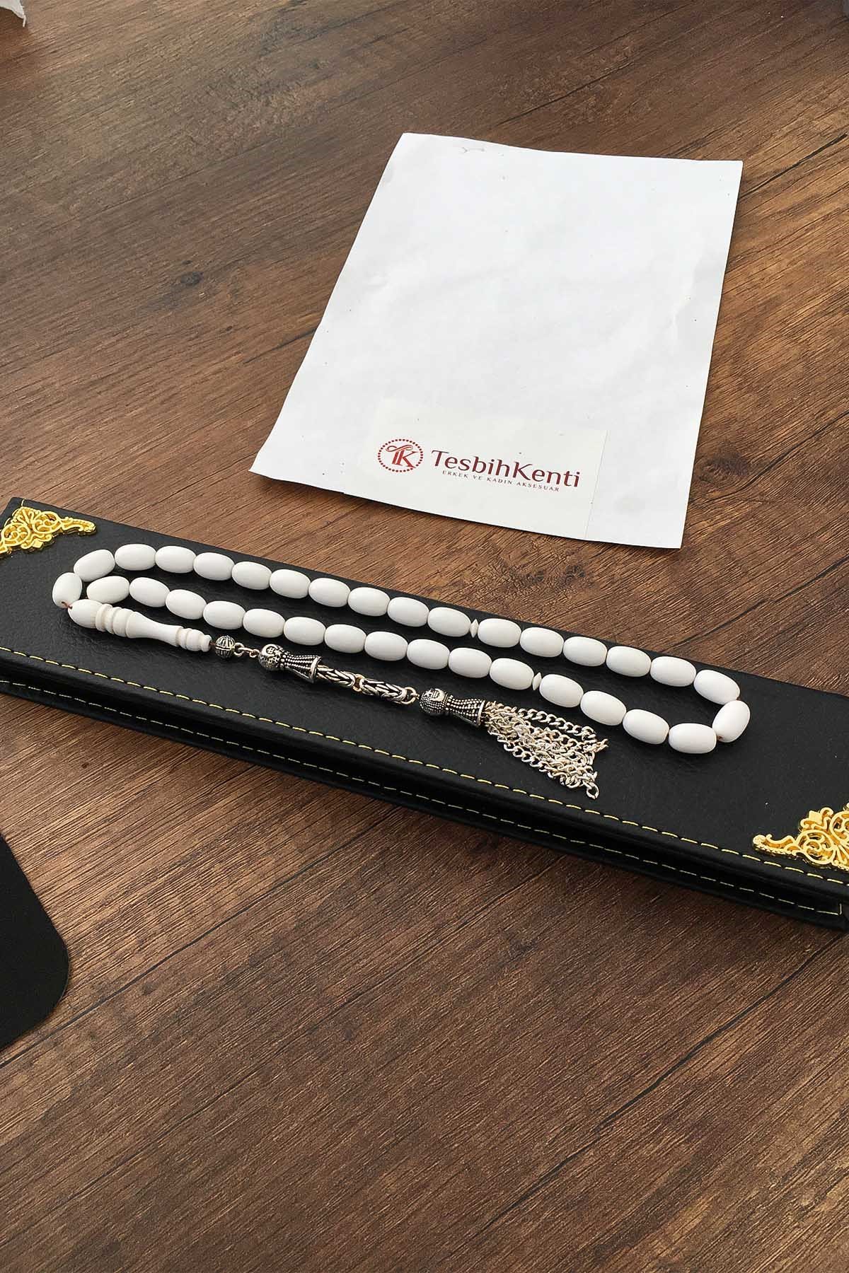 Ahşap Deri Kutuda Kapsül Tane Corian Mermer Tesbih