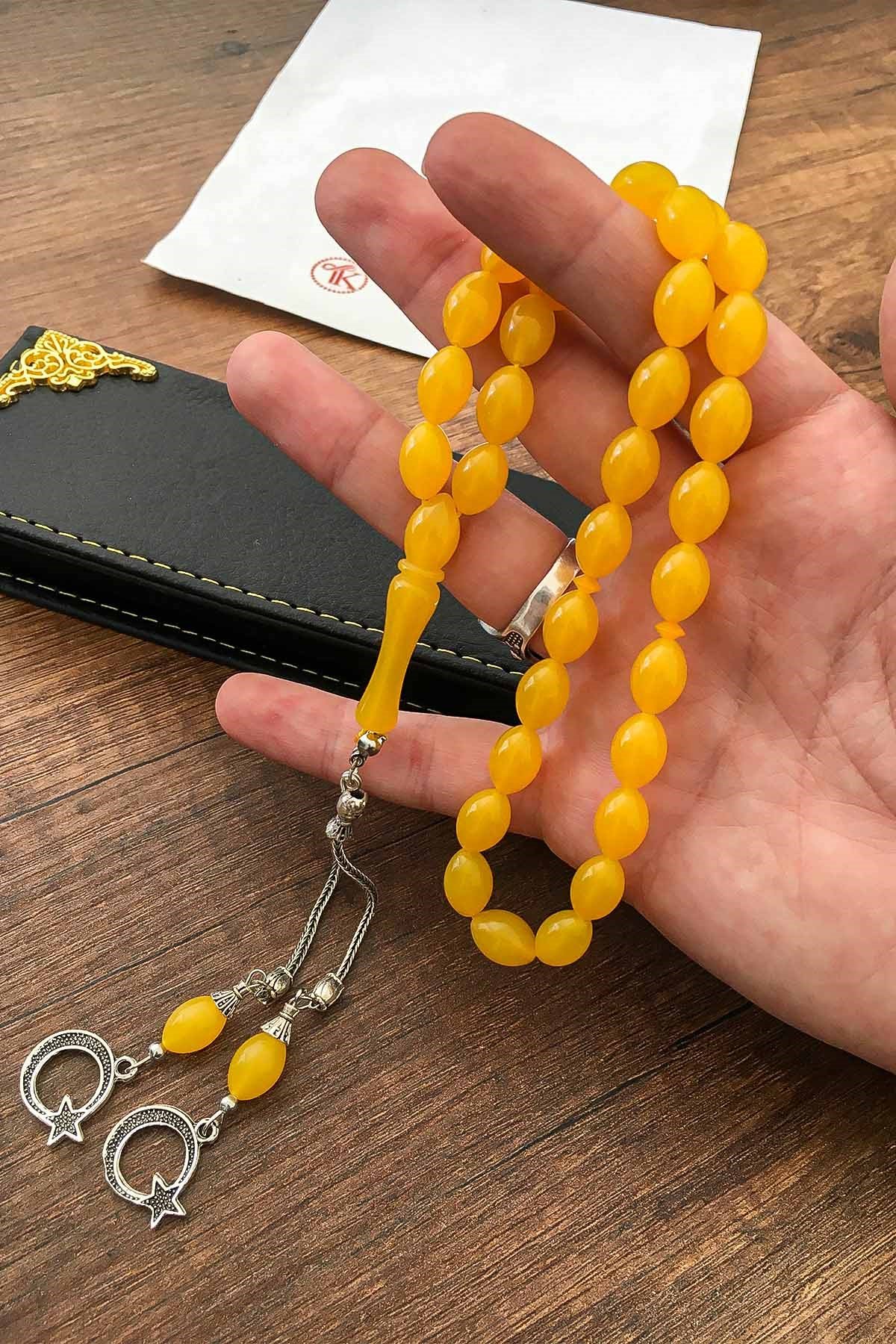 Ahşap Deri Kutuda Limon Sarı Toz Kehribar Tesbih