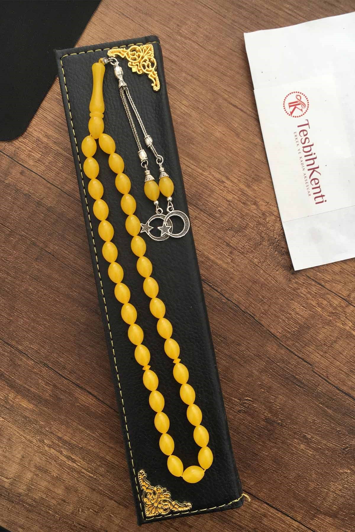 Ahşap Deri Kutuda Limon Sarı Toz Kehribar Tesbih